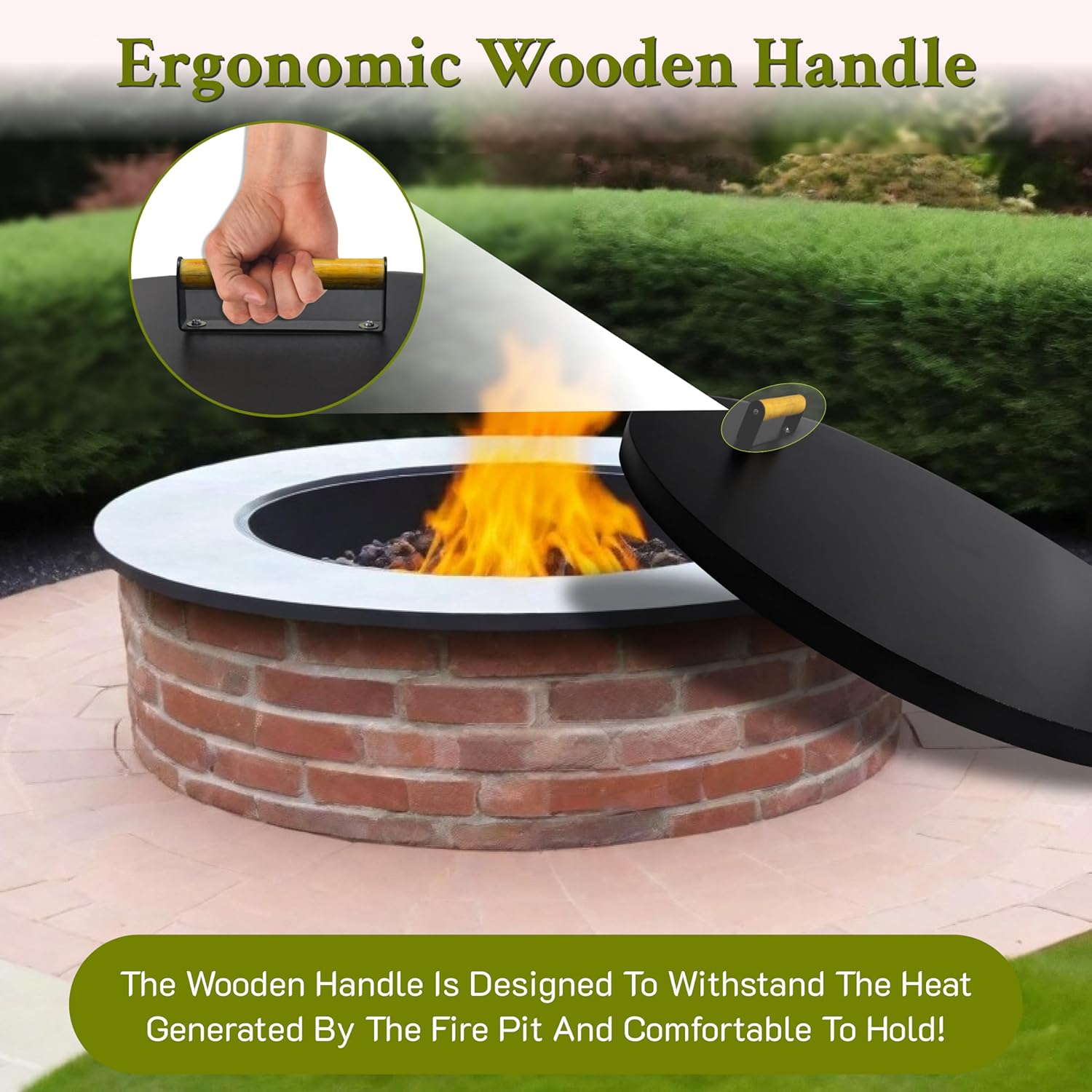 FEBTECH Fire Pit Lid 38 Inch - Powder Coated 16 Gauge Heavy-Duty Carbon Steel Fire Pit Grill Cover Round with 2 Convenient Wooden Handles with Fire Pits Inside Diameter Up to 36