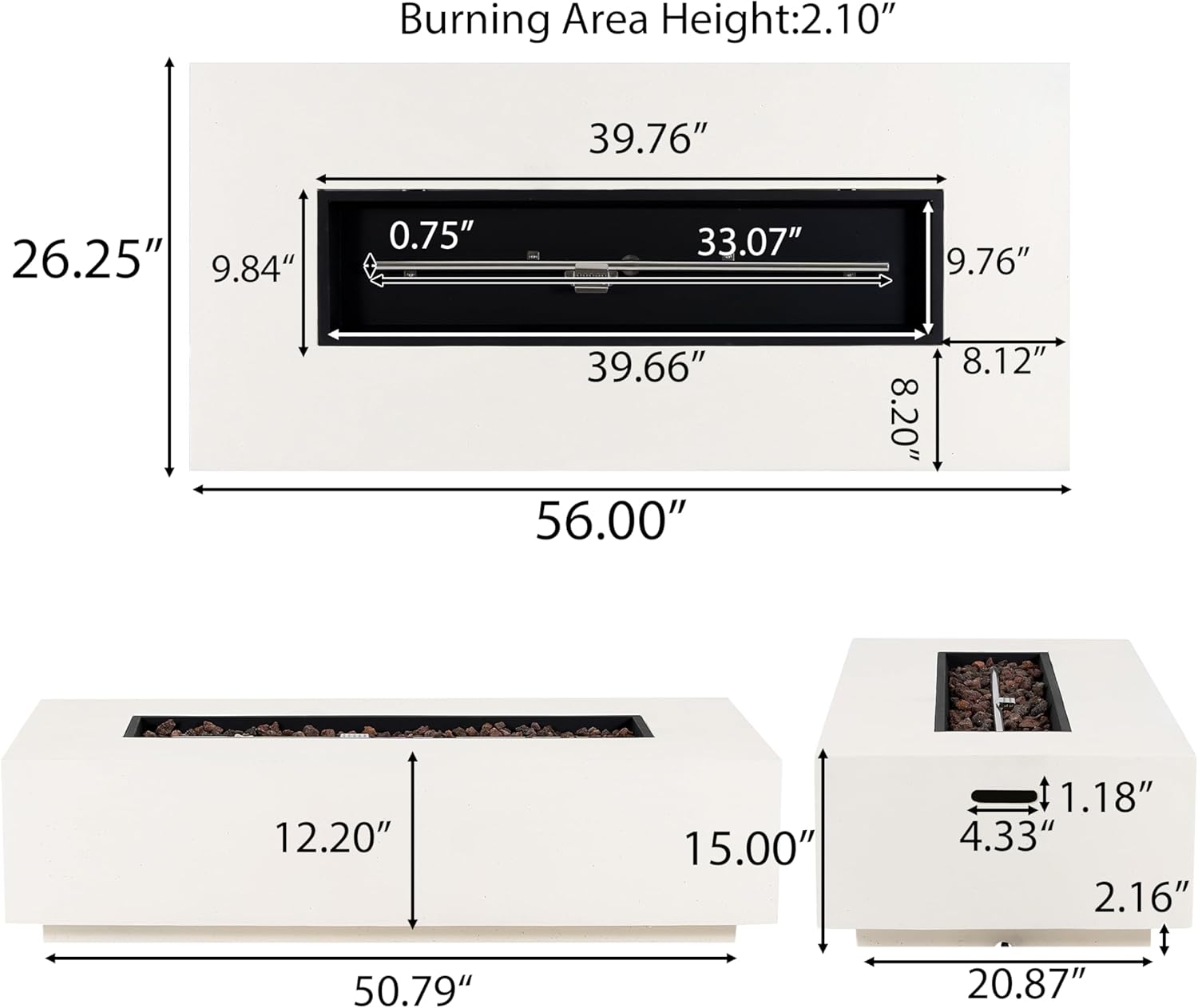 Christopher Knight Home Aidan Lightweight Concrete Outdoor Propane Fire Pit Table, 50,000 BTU Rectangular Fire Table for Patio Furniture Set (No Tank Holder), Fully Assembled Patio Fire Pit, White