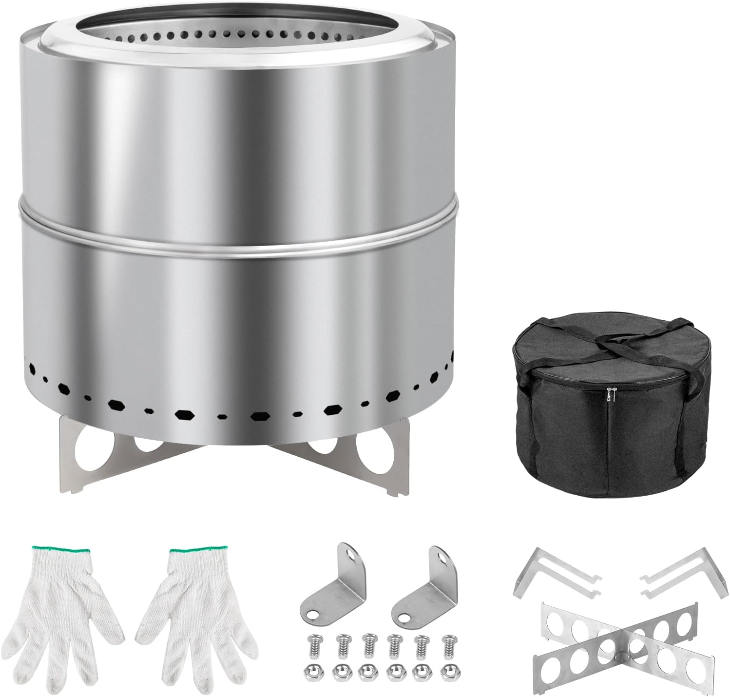 19.3inch Large Stainless Steel Smokeless Fire Pit with Grill & Carry Bag, Outdoor Portable Smokeless Firepit, Wood Burning Fire Pits for Outside Patio Camping, Bonfire (19.3 * 19.3 * 19.3in,Silver)