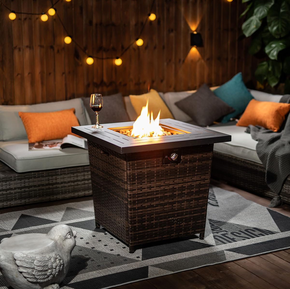 28'' Propane Fire Pit Table, 50,000 BTU Fire Table with Brown Wicker, Laval Rocks, Inclined Leg Design.