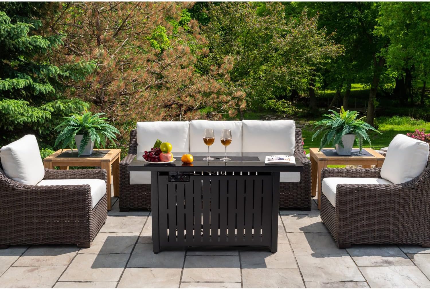 Flamaker Gas Fire Pit Table 43 inch 50000 BTU Outdoors Gas Propane Firepits with Tempered Glass Desktop, Lid & Lava Rock and Waterproof Cover for Deck, Backyard, Patio