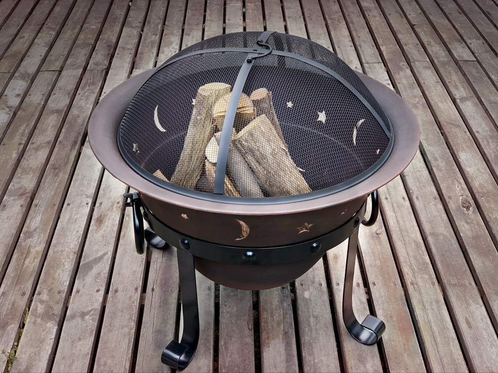 Fire Pit Bowl with Mesh Screen - Cast Iron Outdoor Round Wood Burning Fire Pit for Backyard Patio Garden with Fireplace Poker