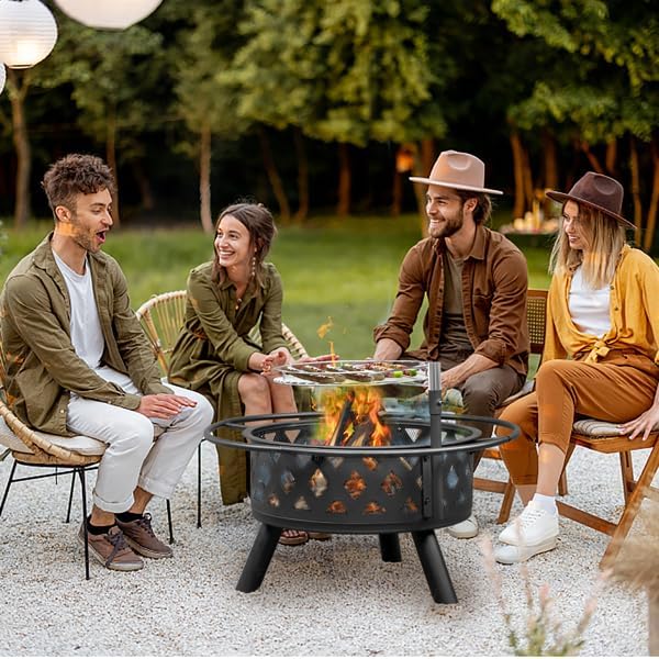 Patio Outdoor Metal Fire Pit Bowl with Grate, Wood Burning Firepit for Camping, Backyard, Heating, Fire Grill Cooking, BBQ Grilling (Diamond Wall 30 Inch Round with Grates)