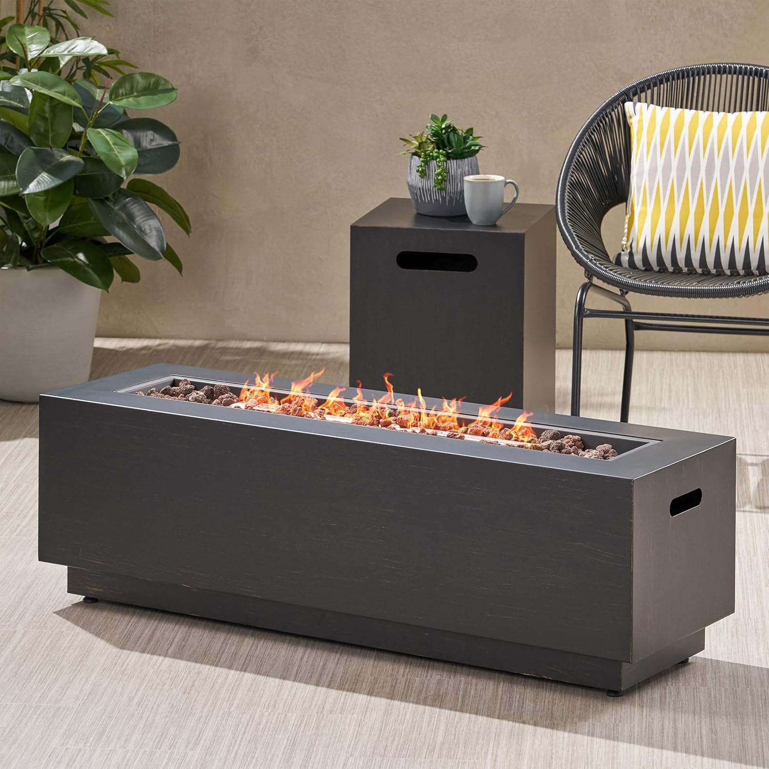 GDFStudio Outdoor Rectangular Fire Pit with Tank Holder, Brushed Brown