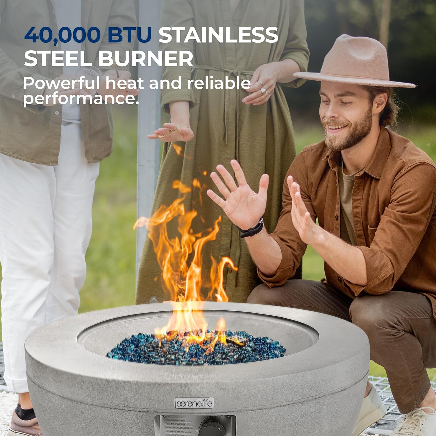 SereneLife 40,000 BTU Propane Fire Pit Table, Round Gas Fire Table with Adjustable Flame Height, Weather Resistant, Blue Glass Rocks, Safe and ETL Certified for Outdoor Use, 30