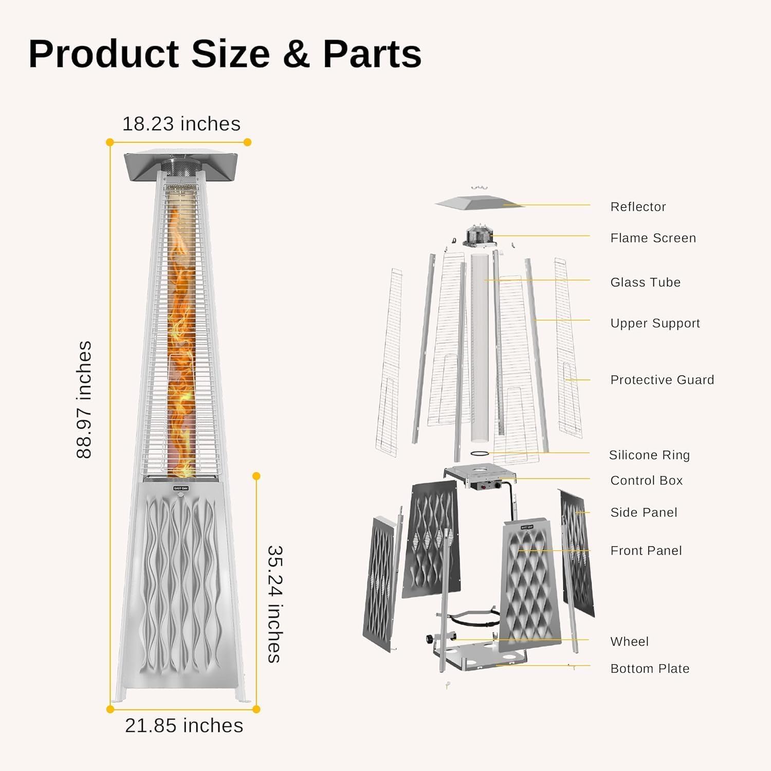 EAST OAK 48,000 BTU Pyramid Patio Heater, Quartz Glass Tube Propane Outdoor Heater with Wheels, Triple Safety Protection, 2025 Upgrade for Home, Backyard & Commercial Spaces, Stainless Steel