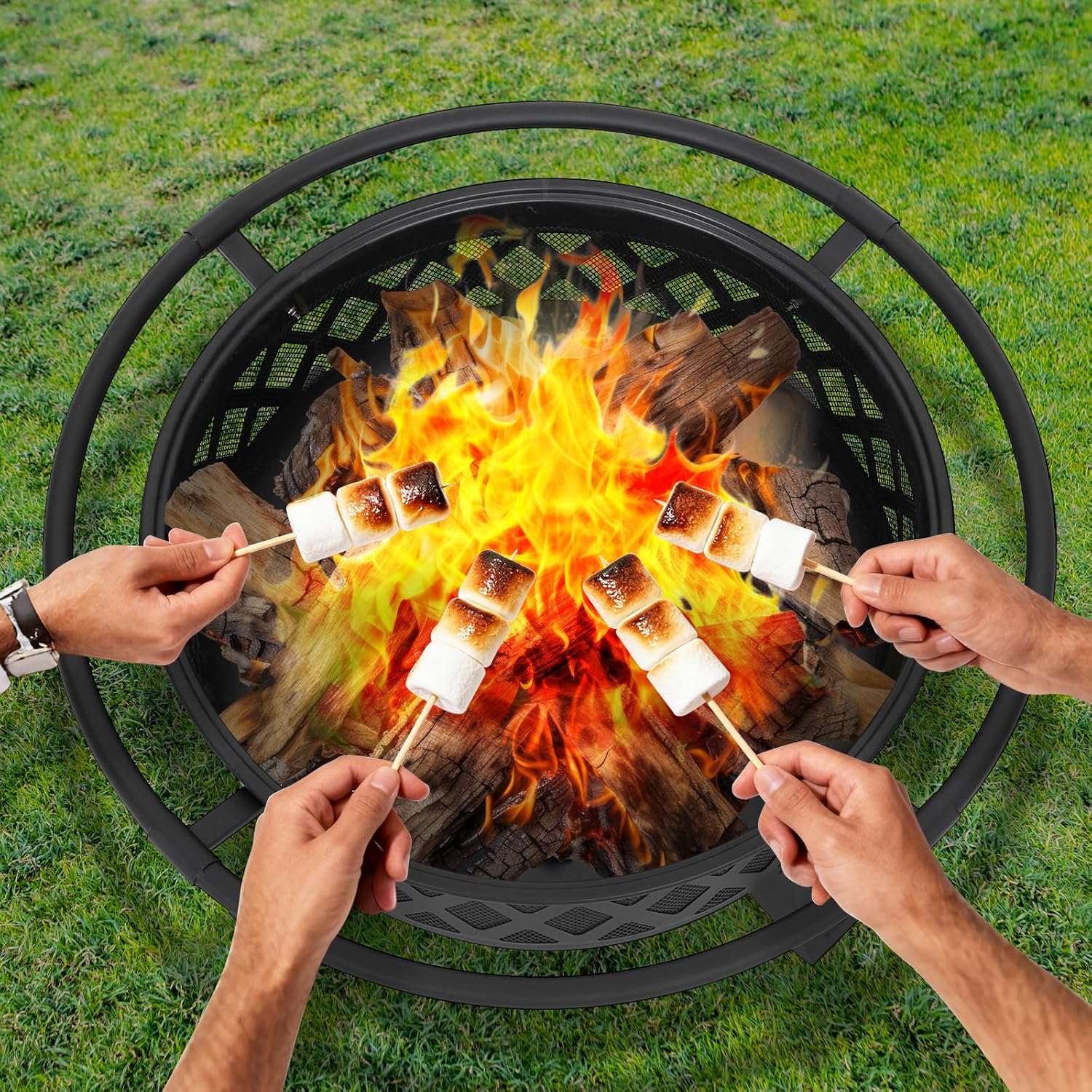 36 Inch Large Outdoor Wood Burning Fire Pit with Lid and Poker, Heavy Duty Round Steel Firepit for Patio, Backyard, BBQ, Picnic, Party, Outdoor Heating