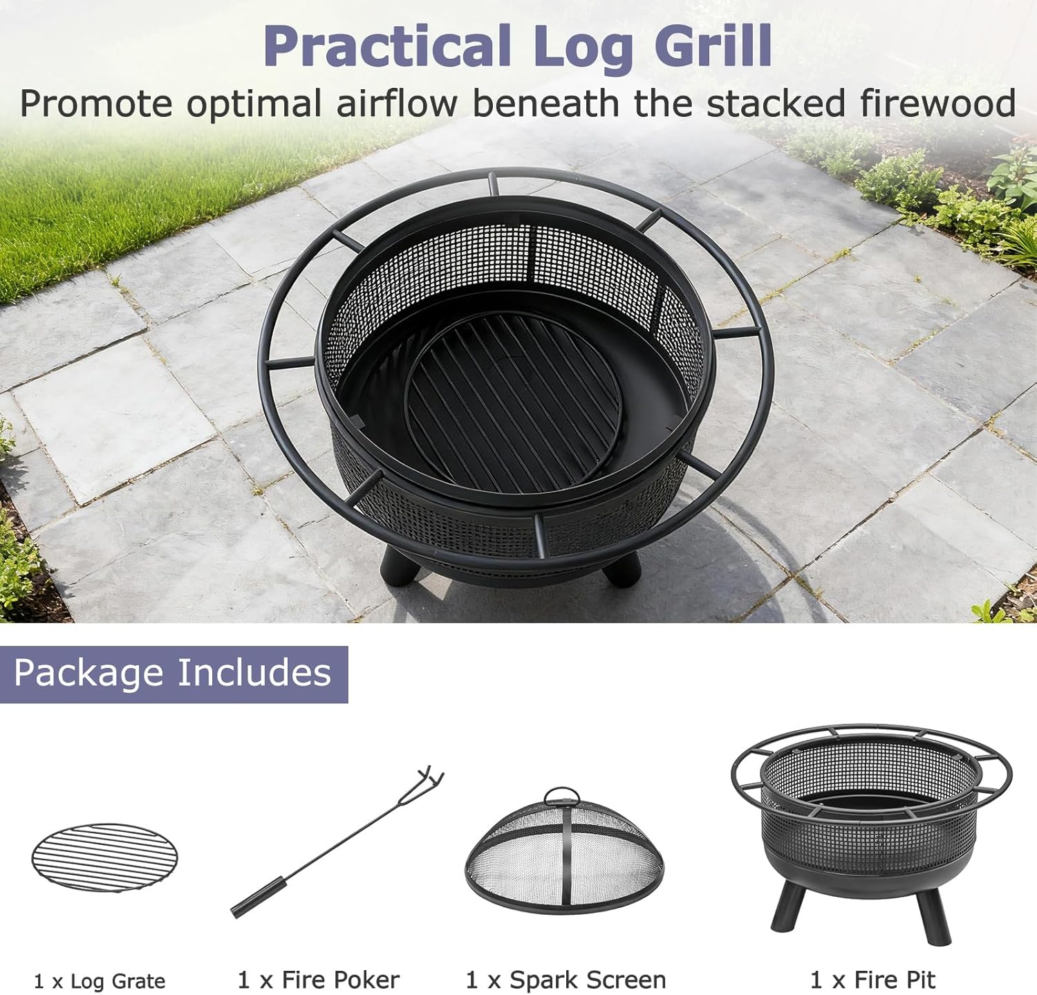 Tangkula Fire Pit for Outside Wood Burning, 24 Inch Heavy-Duty Metal Fire Bowl with Spark Screen, Poker, Log Grate, Portable Outdoor Round Fire Pit for Camping Bonfire Patio Backyard Garden