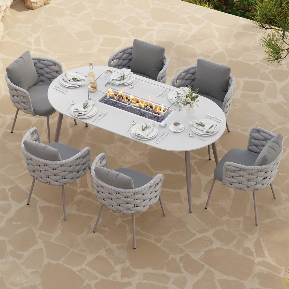 7-Piece Outdoor Dining Set with Oval Propane Fire Pit Table & Rope Woven Armchairs, Aluminum Frame, Cushions for Patio and Outdoor Dining