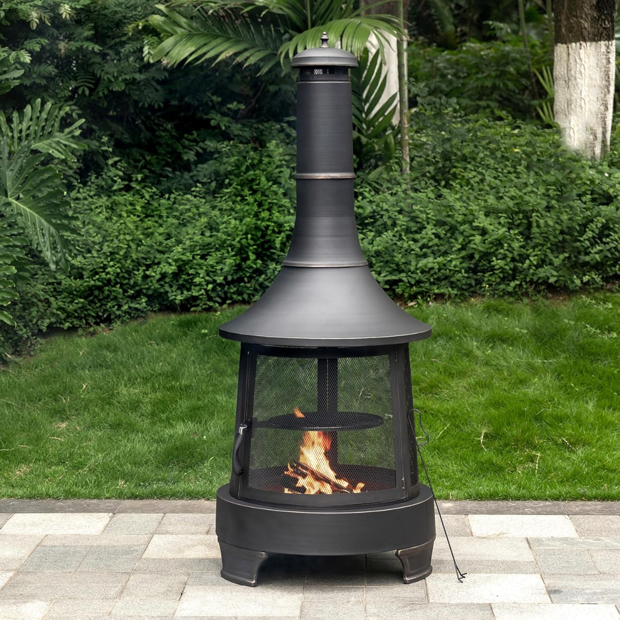 Deko Chimney Wood Burner Firepit with PVC Cover - Outdoor BBQ Fire Pit with Adjustable Cast Iron Grill - Smokeless Patio Fire Pit - Fire Space Heater - Portable Firepit for Camping Bonfire & Barbecue