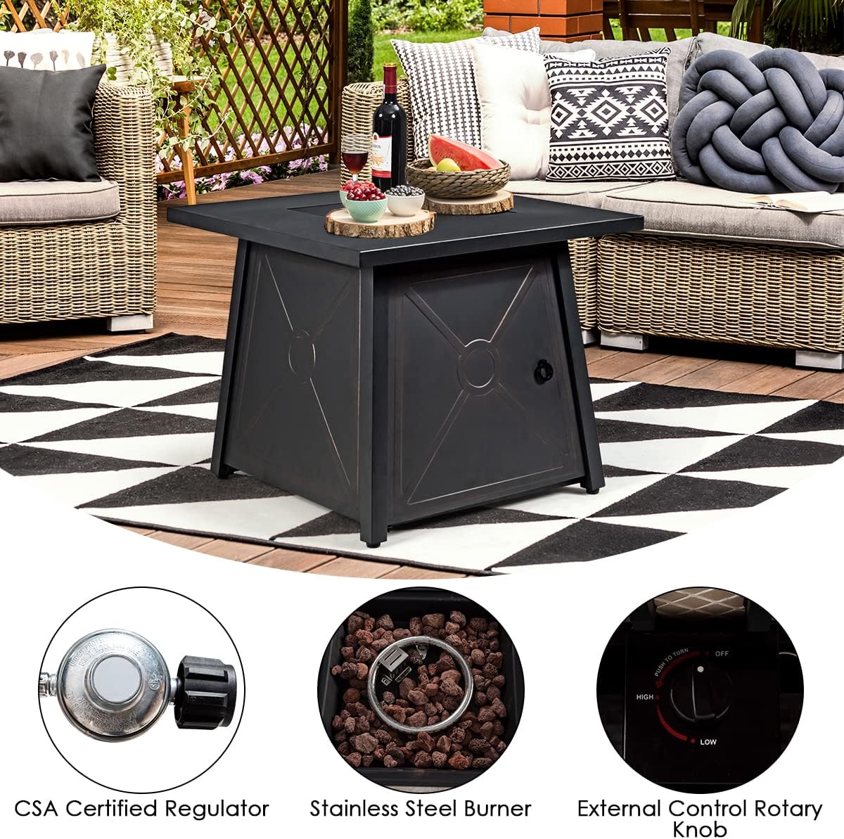 COSTWAY 6 Piece Patio Furniture Set with 30'' Fire Pit Table, Outdoor Wicker Rattan Sectional Conversation Set with 4'' Thickened Cushions, Armless Sofa and Side Coffee Table (Black)