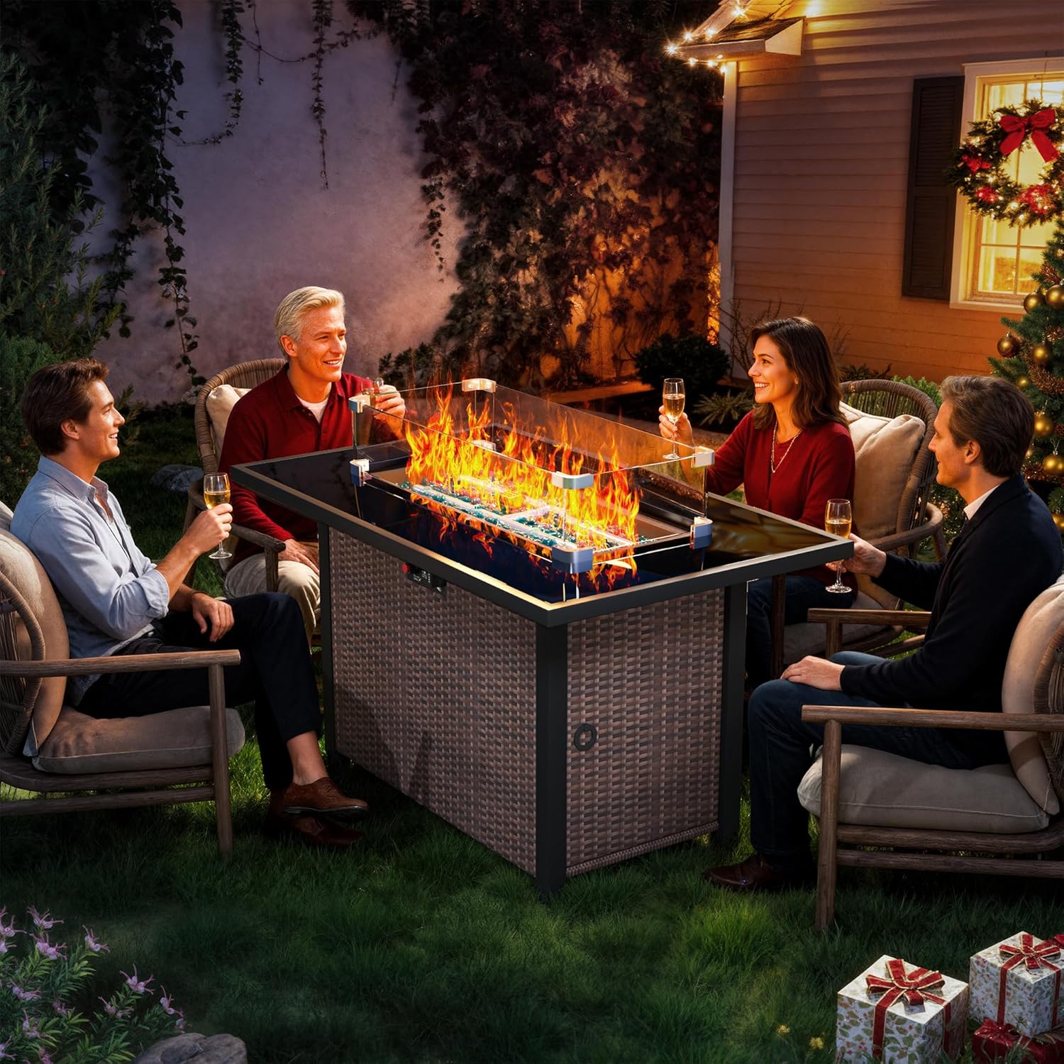 43-Inch Propane Fire Pit Table, Rattan Rectangular Outdoor Gas Fire Pit W/Glass Wind Guard, Tempered Glass Tabletop & Lid, CSA Listed, 60,000 BTU, 304 Stainless Steel H-Burner, for Outside Patio,Brown