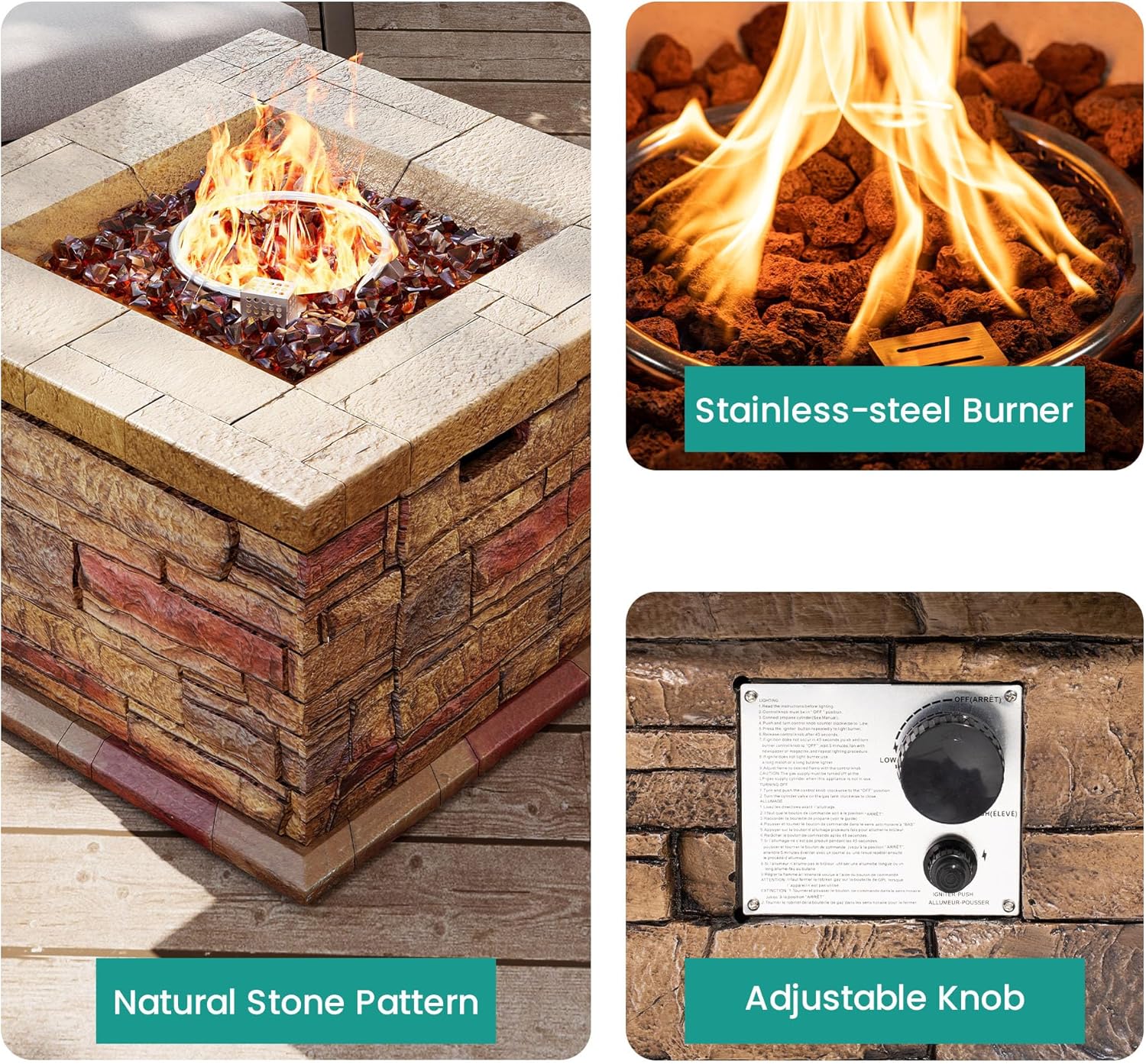 SUNBURY Outdoor Propane Fire Pit, Square Stonecrest Gas Firepit for Outside Patio, Concrete Propane Fire Table 50,000 BTU Gas Fire Pits w Lava Rocks, Waterproof Cover, CSA Certified