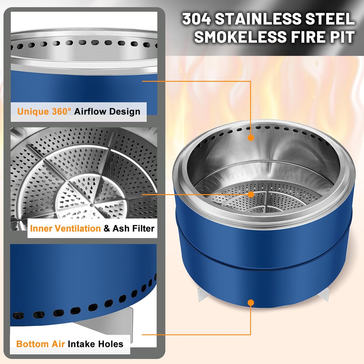 Portable Smokeless Fire Pit - 27 Inch Multi-Functional Camping Fire Bowl with Stand and Carrying Bag, Perfect for Outdoor Gatherings and Activities, Durable Stainless Steel Design