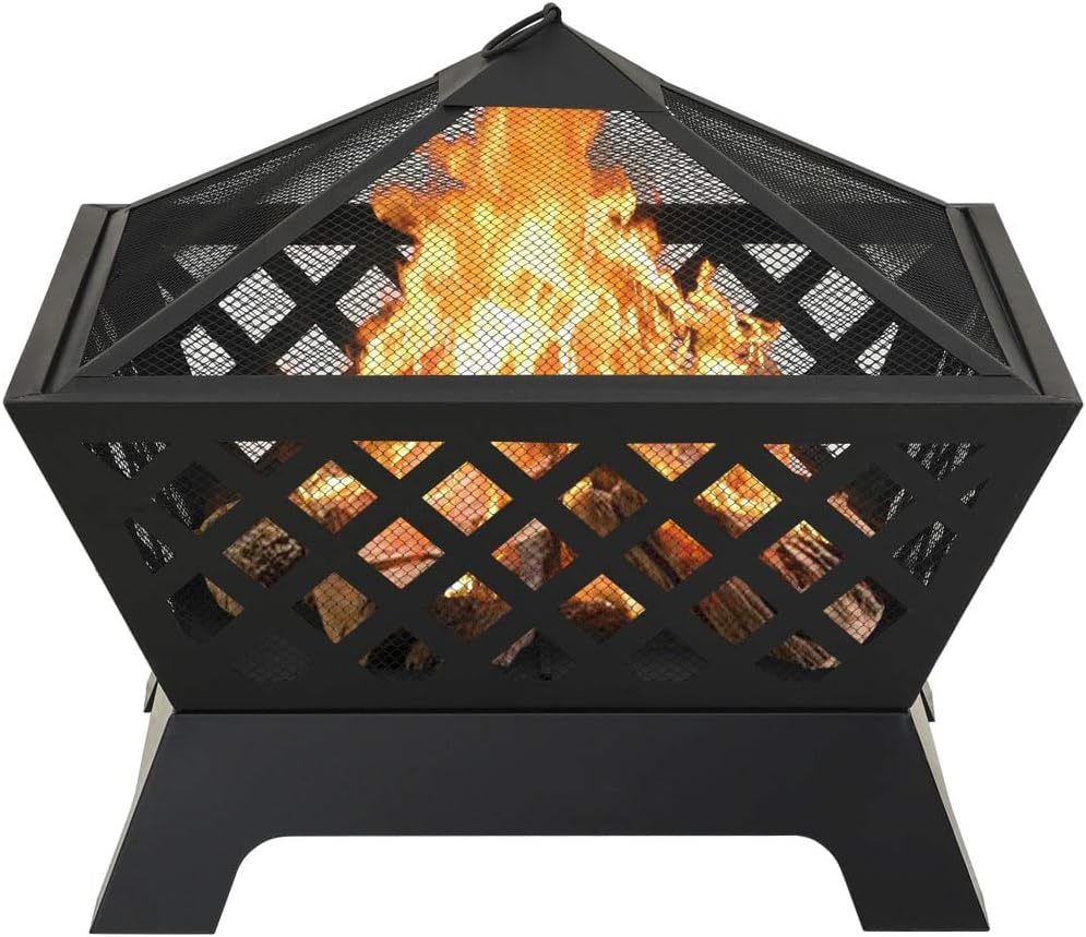 Steel Fire Pit with Metal Poker and Mesh Cover, Absorbing and Radiating Heat Outdoor Fire Pit Square Fireplace for Garden Patio 25.2