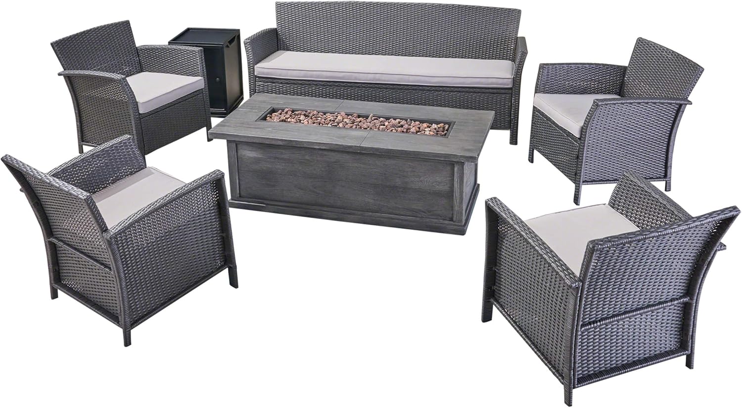 Christopher Knight Home Mason Outdoor 7 Seater Wicker Chat Set with Fire Pit, Gray/Silver/Gray