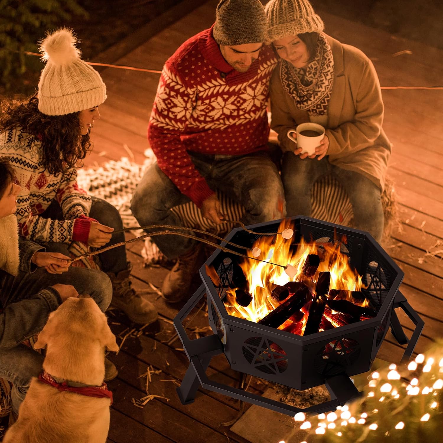 35 Inch Fire Pit for Outside, Octagonal Wood Burning Firepit with Star Pattern and Safety Ring Compact 35.6