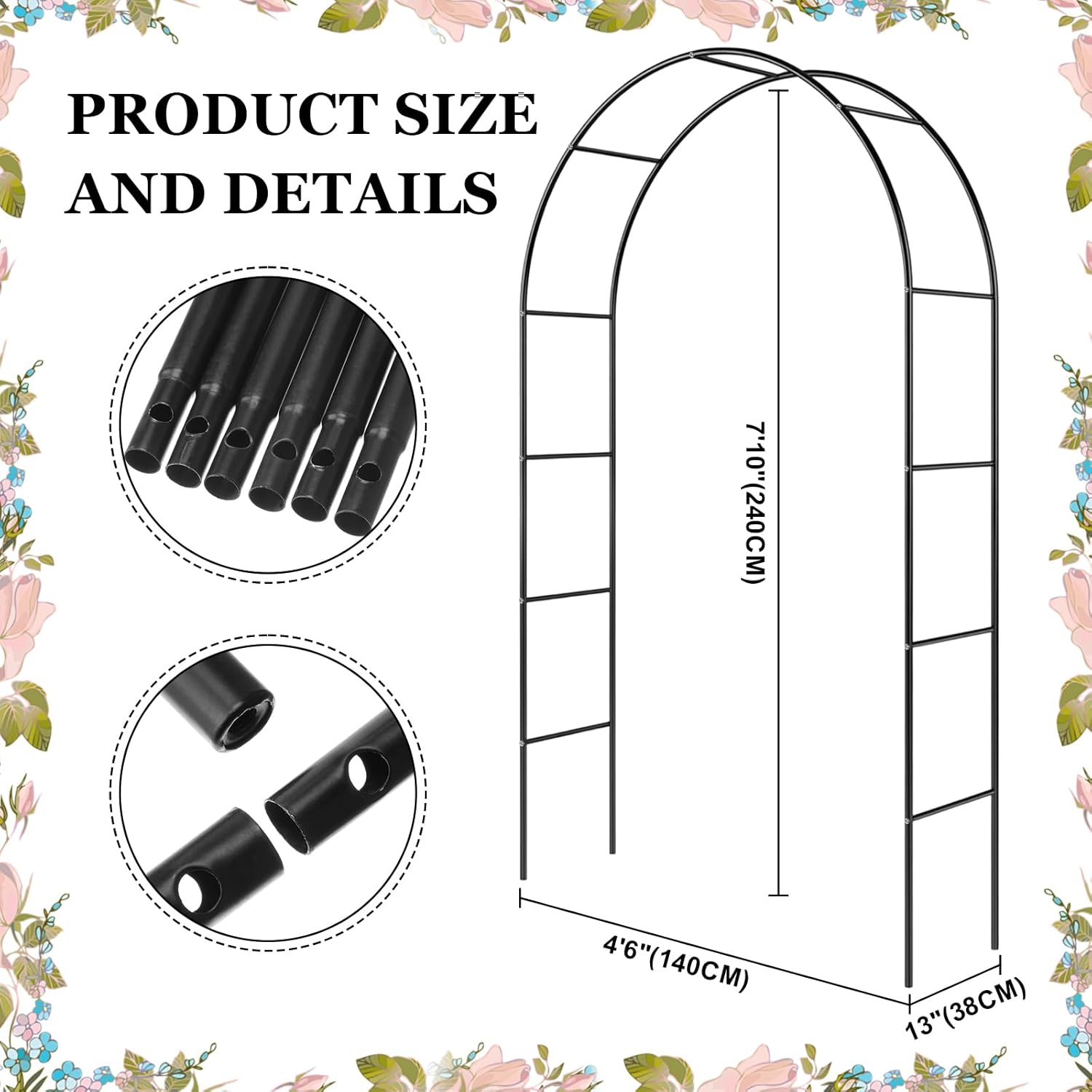 Lounsweer 7.8 ft H Metal Garden Arch Trellis for Climbing Plant Outdoor Garden Pergola Arbor with 12 Pack 31.4 Inch Shepherd Hooks for Hanging Christmas Lights, Lanterns, Wedding Christmas Party Decor