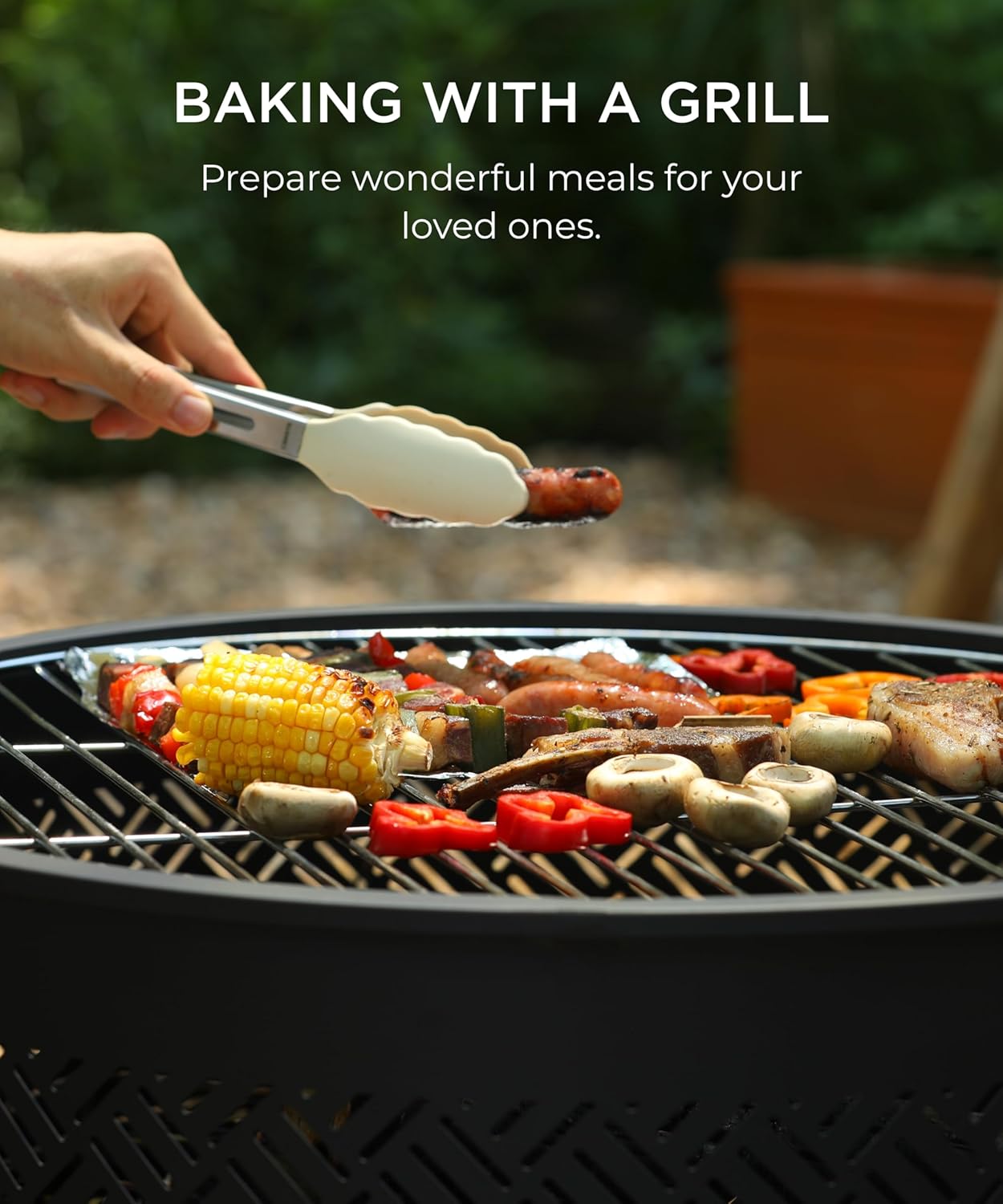 26 inch Fire Pit with Grill & Lid, Firepits for Outside Wood Burning Fire Pit Table with Fire Poker, Multifunctional Outdoor Fire pits for BBQ, Table, Bonfire, Camping, Backyard, Patio, Picnic