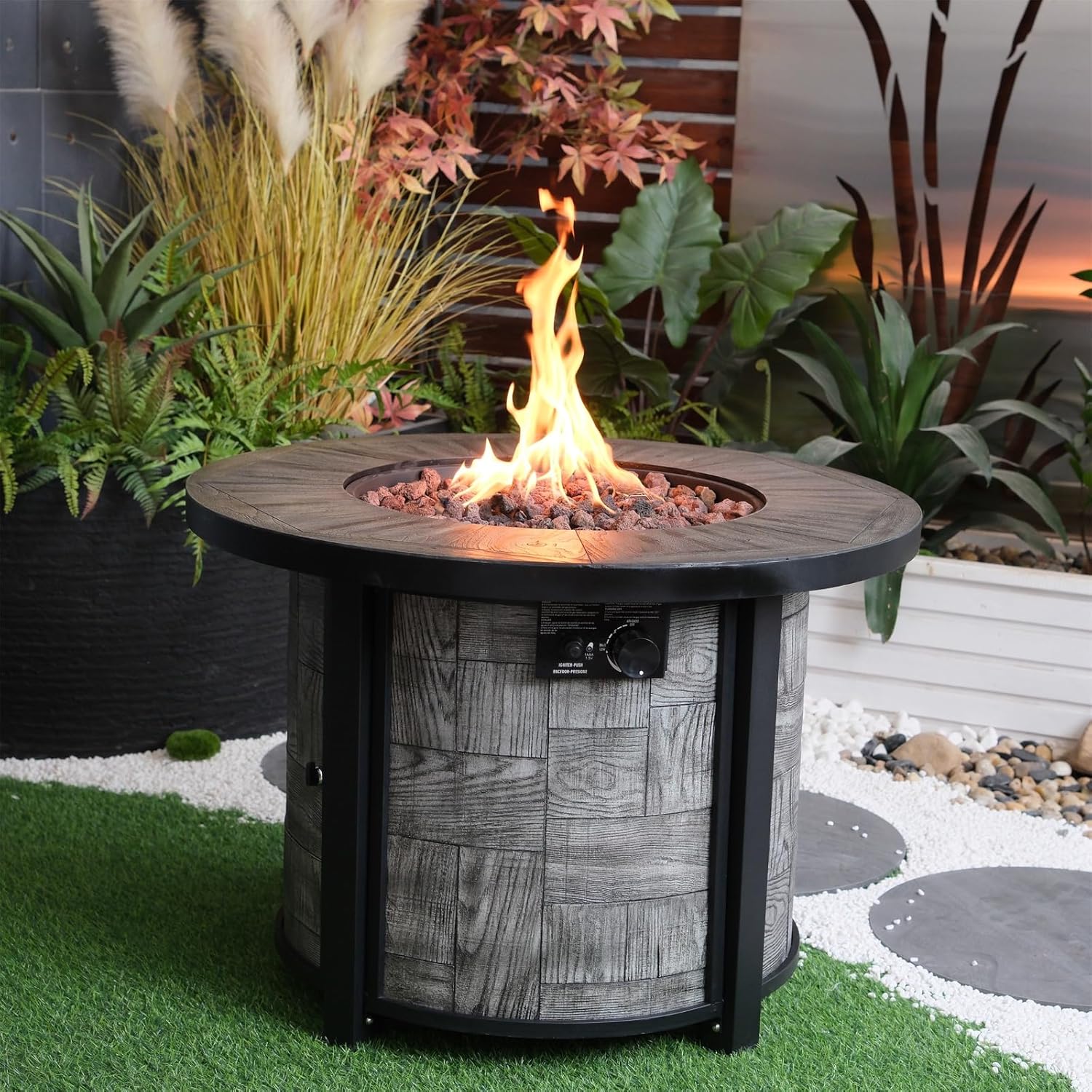 Penau Outdoor Propane Fire Pit, Square Gas Fire Pit Table 50,000 BTU, Concrete Fire Table with Lava Rocks & Waterproof Cover