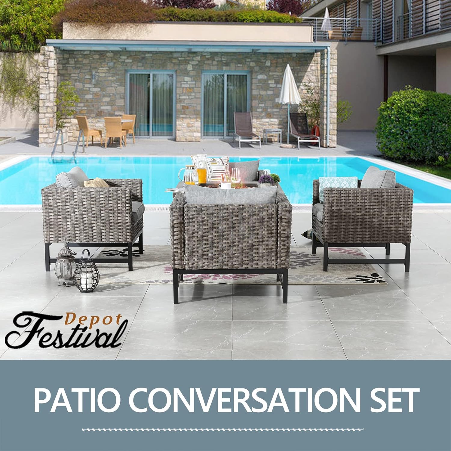 5 Pcs Outdoor Fire Propane Pit Conversation Set, 4 Patio Dining X Wicker Armchair Chairs with Cushions Metal Frame and 34 inch 50000 BTU Auto-Ignition Square Propane Gas Fire Pit Table