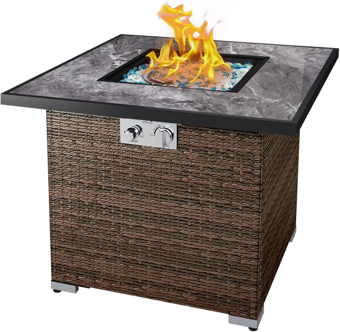 30'' Propane Fire Pit Table, Marble Textured Ceramic Tabletop, 50,000 BTU Fire Table with Brown Wicker, Mix Color Glass Rocks, Including Lid&Cover, Square