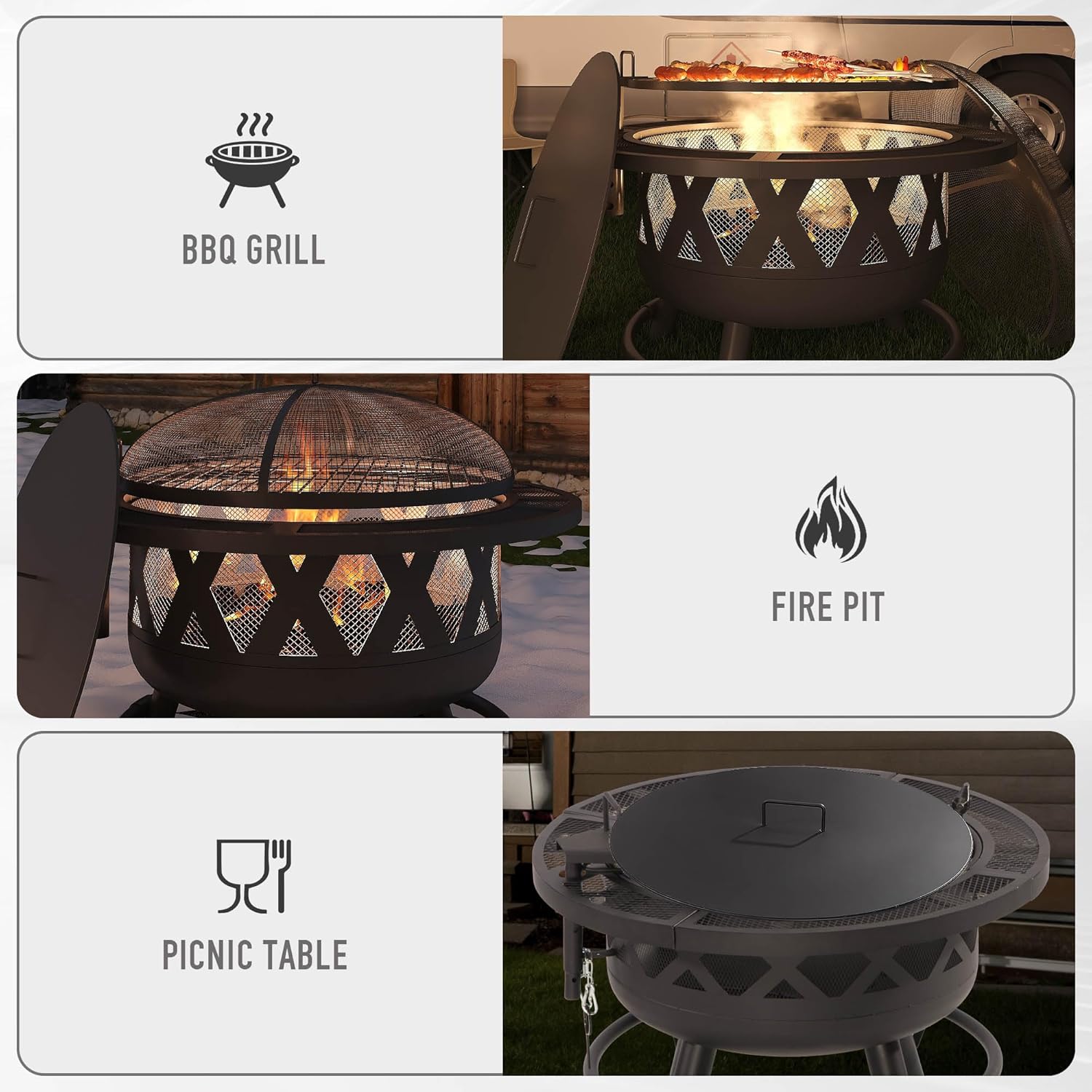 Outdoor Fire Pit with Cooking Grate, Wood Burning Fire Pit Portable for Camping, Patio, Deck or Backyard