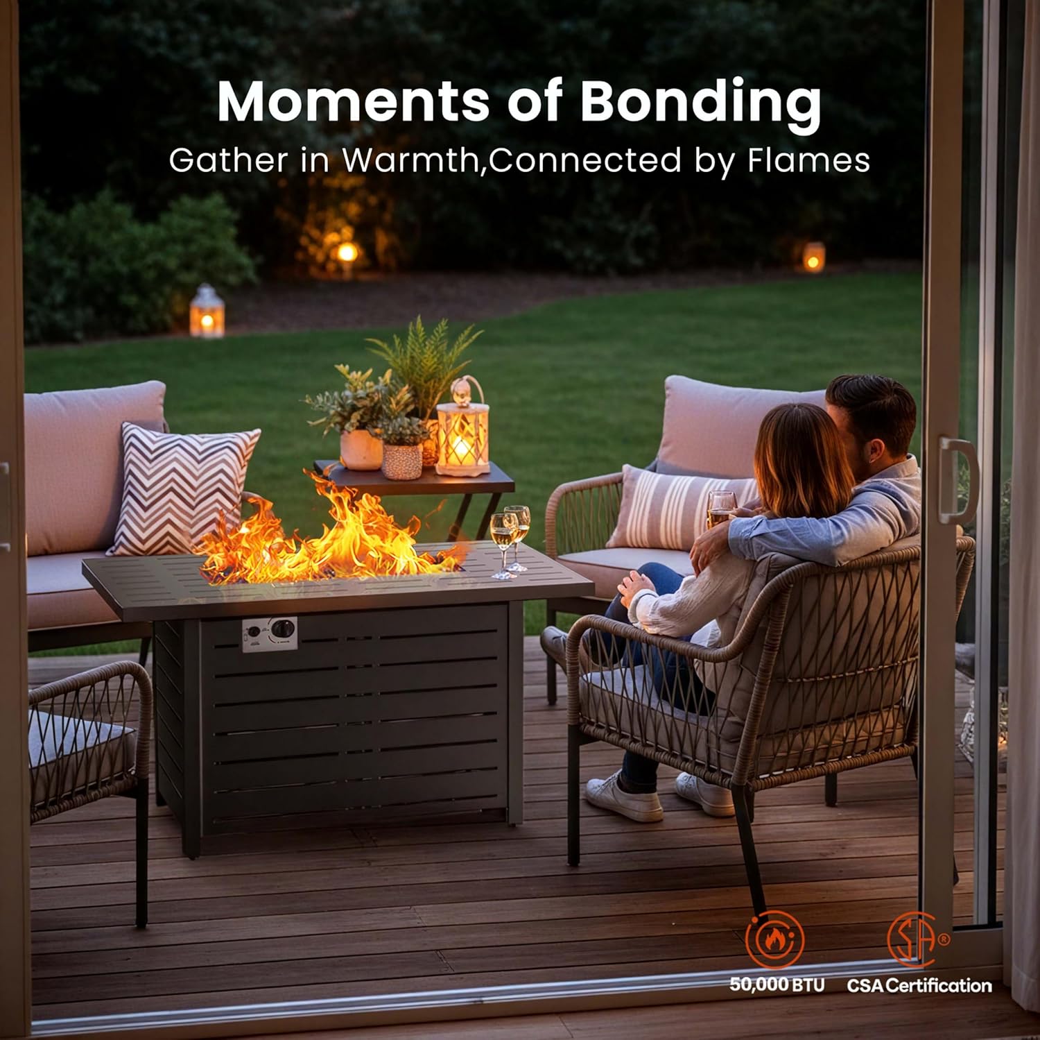 R.W.Flame 43-Inch Propane Fire Pit Table, 50,000 BTU Outdoor Gas Firepit with Waterproof Cover, Glass Stones, Removable Lid, Cup Holders, 2-in-1 Fire Table for Patio, Backyard, Garden, Black