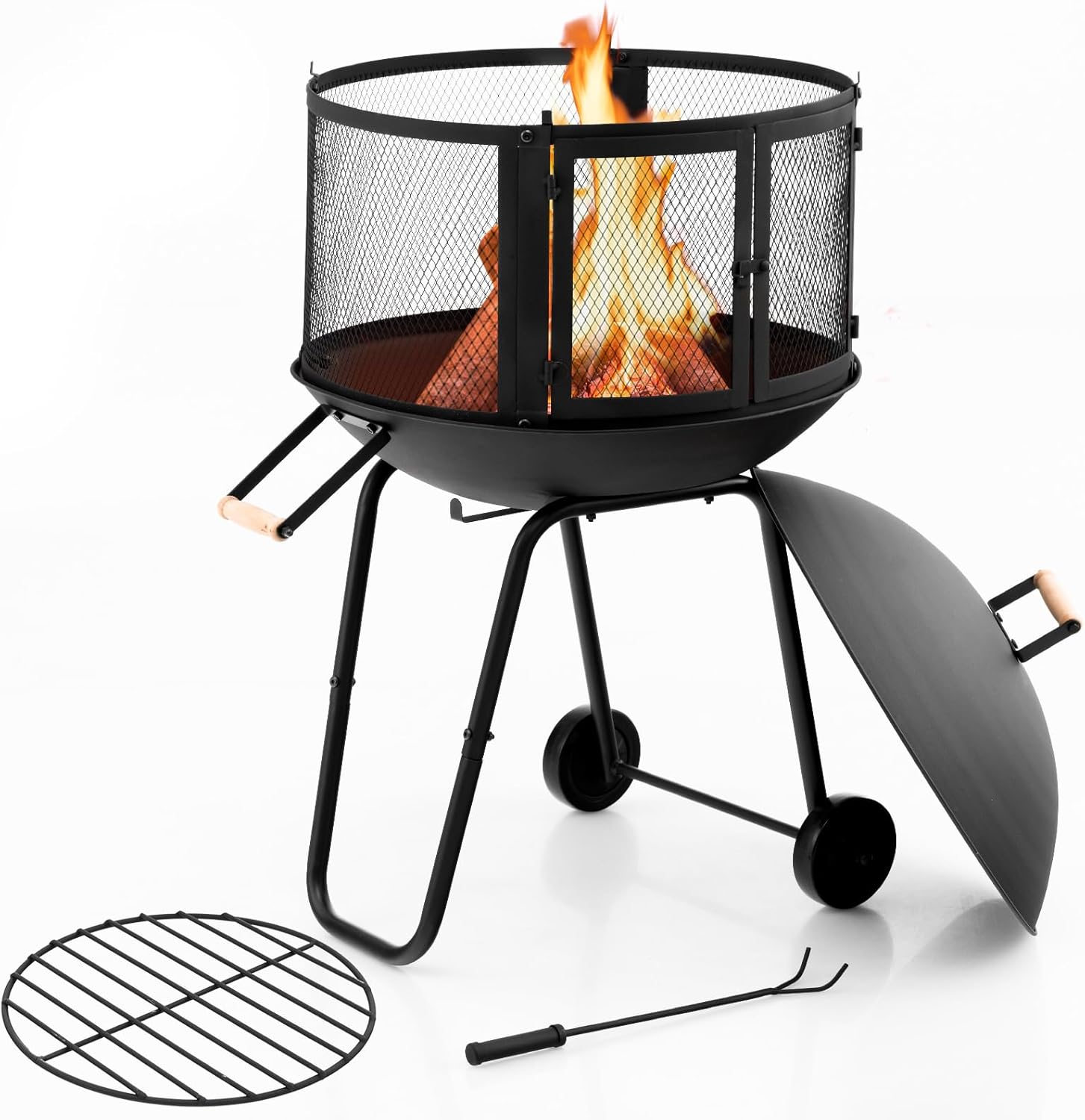 S AFSTAR Fire Pit Outdoor Indoor, 28 Inch Wood Burning Fire Pits W/Wire Mesh Doors, Firepit Lid, Log Grate & Fire Poker, 42.5 Height Rolling Bonfire Fire Pit Portable Firepits for Outside Patio Deck
