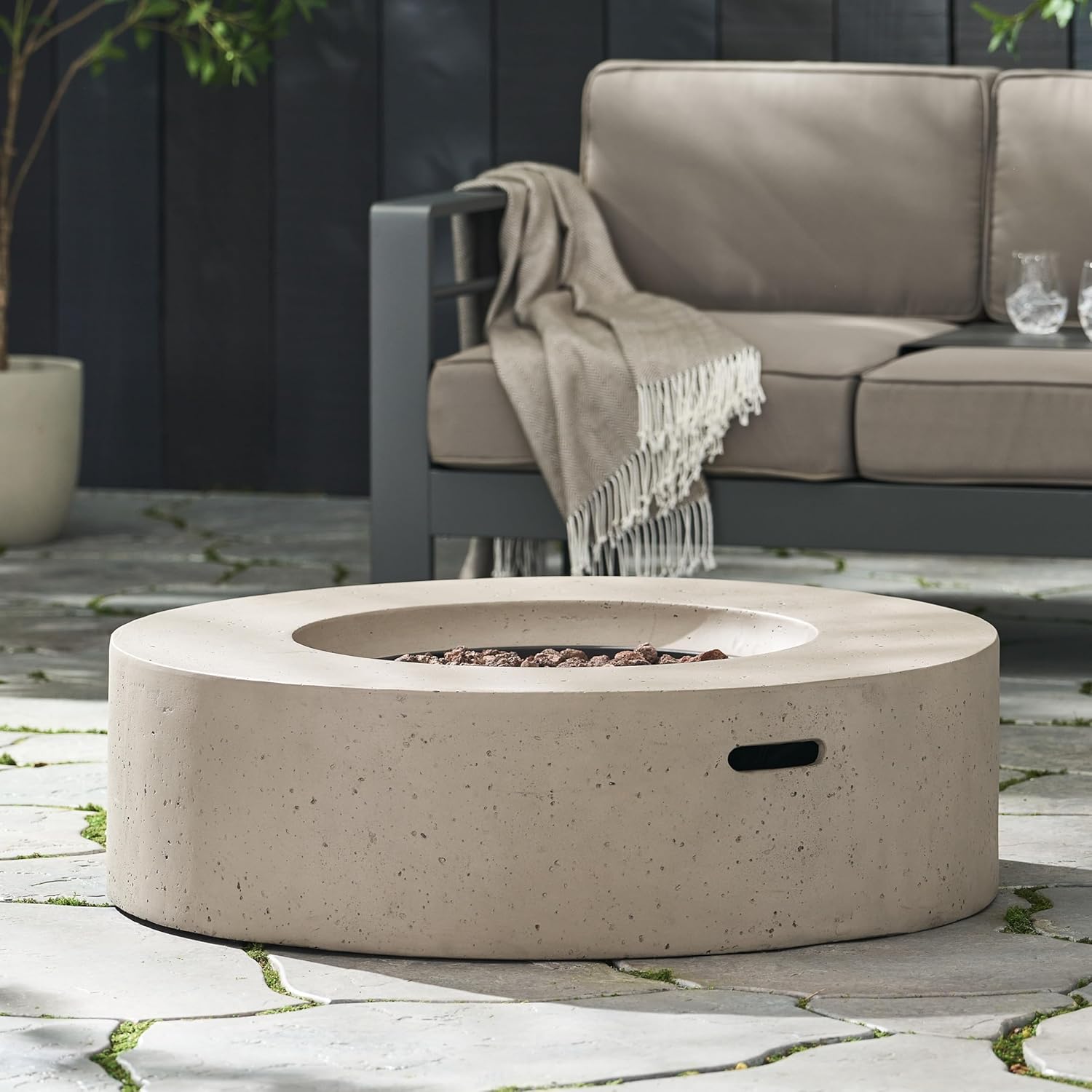 Outdoor 50,000 BTU Round Concrete Propane Fire Pit, Light Grey (Tank Cover not Included)