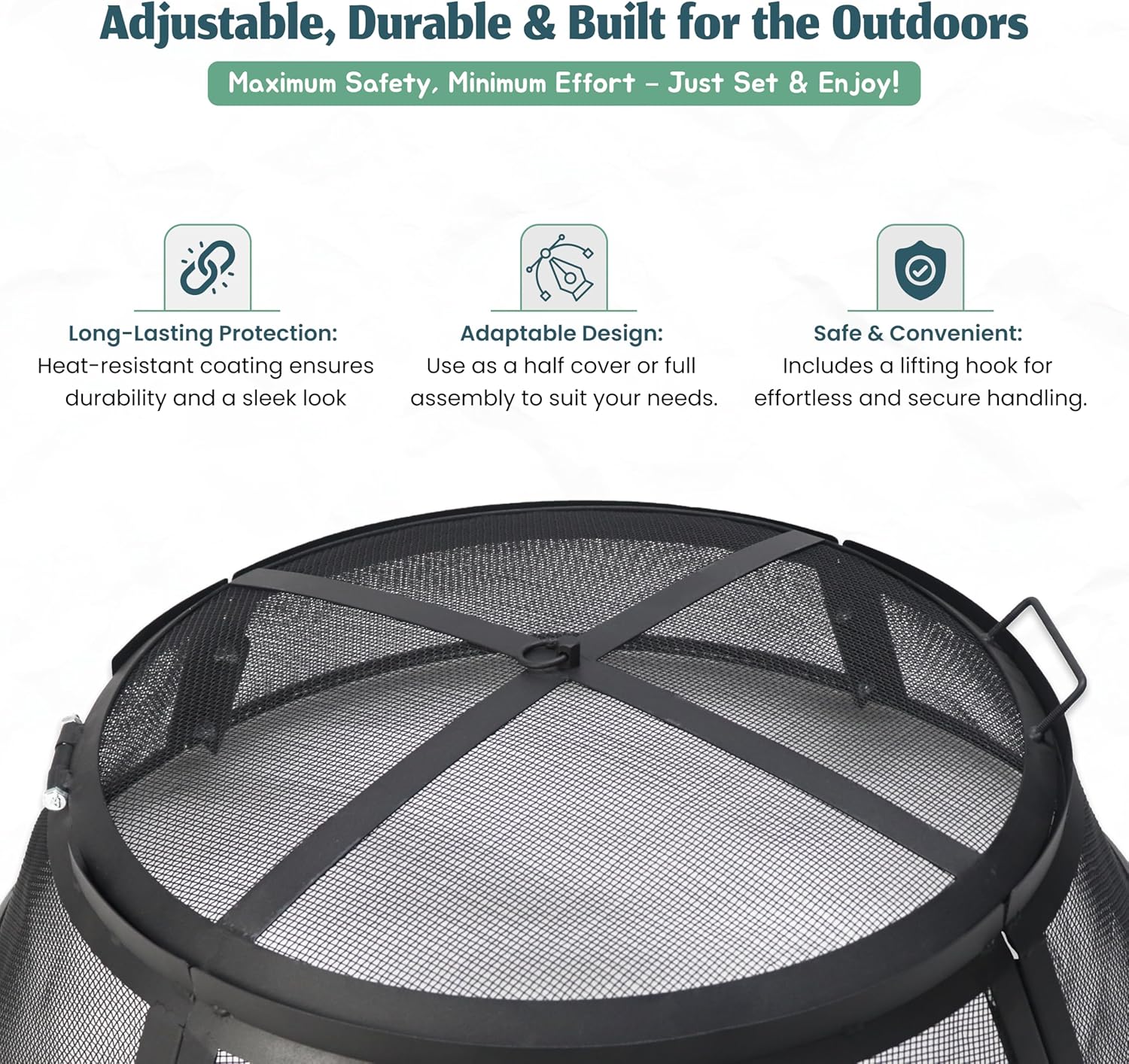 FEBTECH - Fire Pit Screen 40 inch Round Heavy Duty Outdoor FirePit Screen Round with Hook for Easy to Lift Spark Ring, Firepit Replacement Screen & Fire Pit Insert