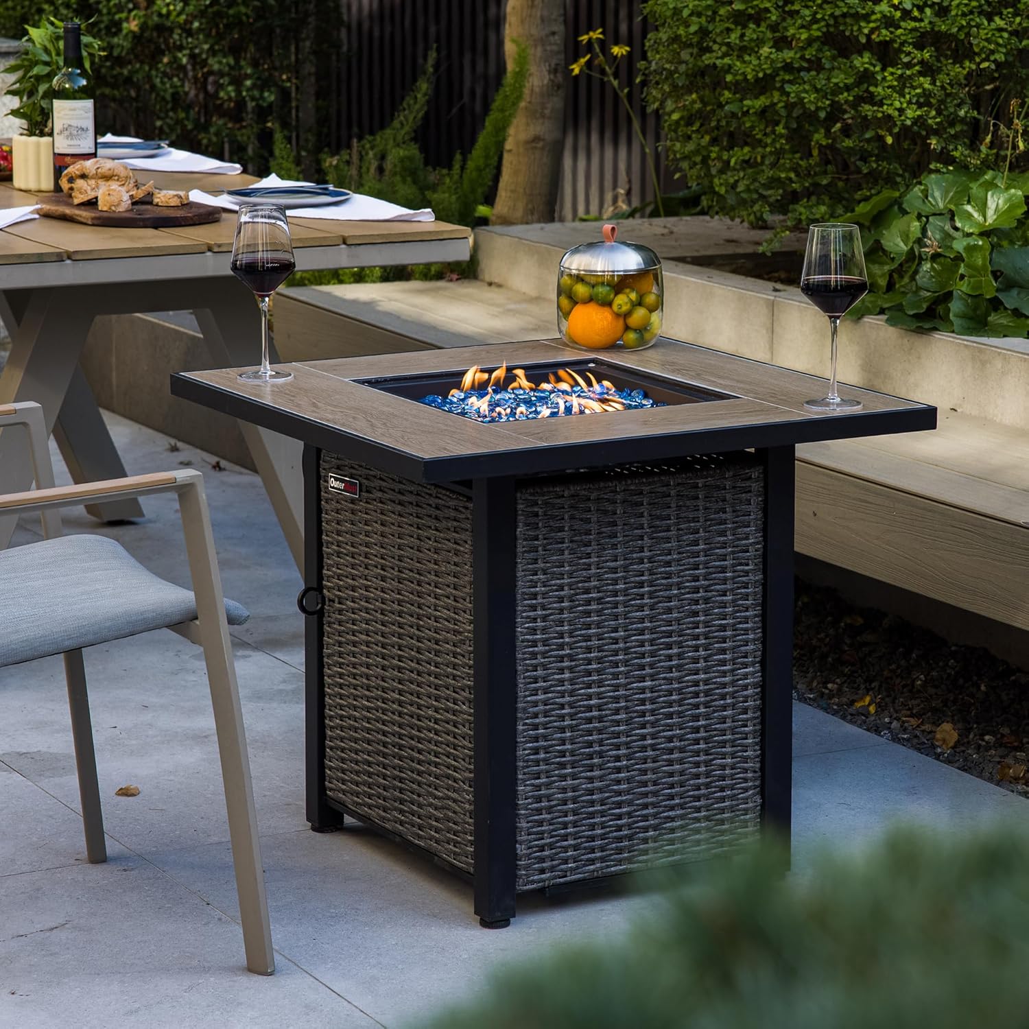 30 Inch Propane Fire Pit Table, 50,000 BTU Electronic-Ignition Rattan Patio Gas Fire Pit with Lid & Blue Glass Bead, Outdoor Fireplace for Dining or Party, Black