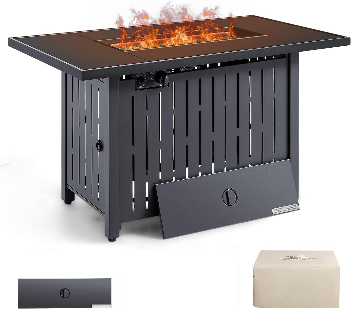 Devoko 43 inch Propane Gas Fire Pit Table Outdoor 50,000 BTU Auto lgnition Patio Propane Gas Firepit with Tempered Glass Desktop and Glass Stone, Black