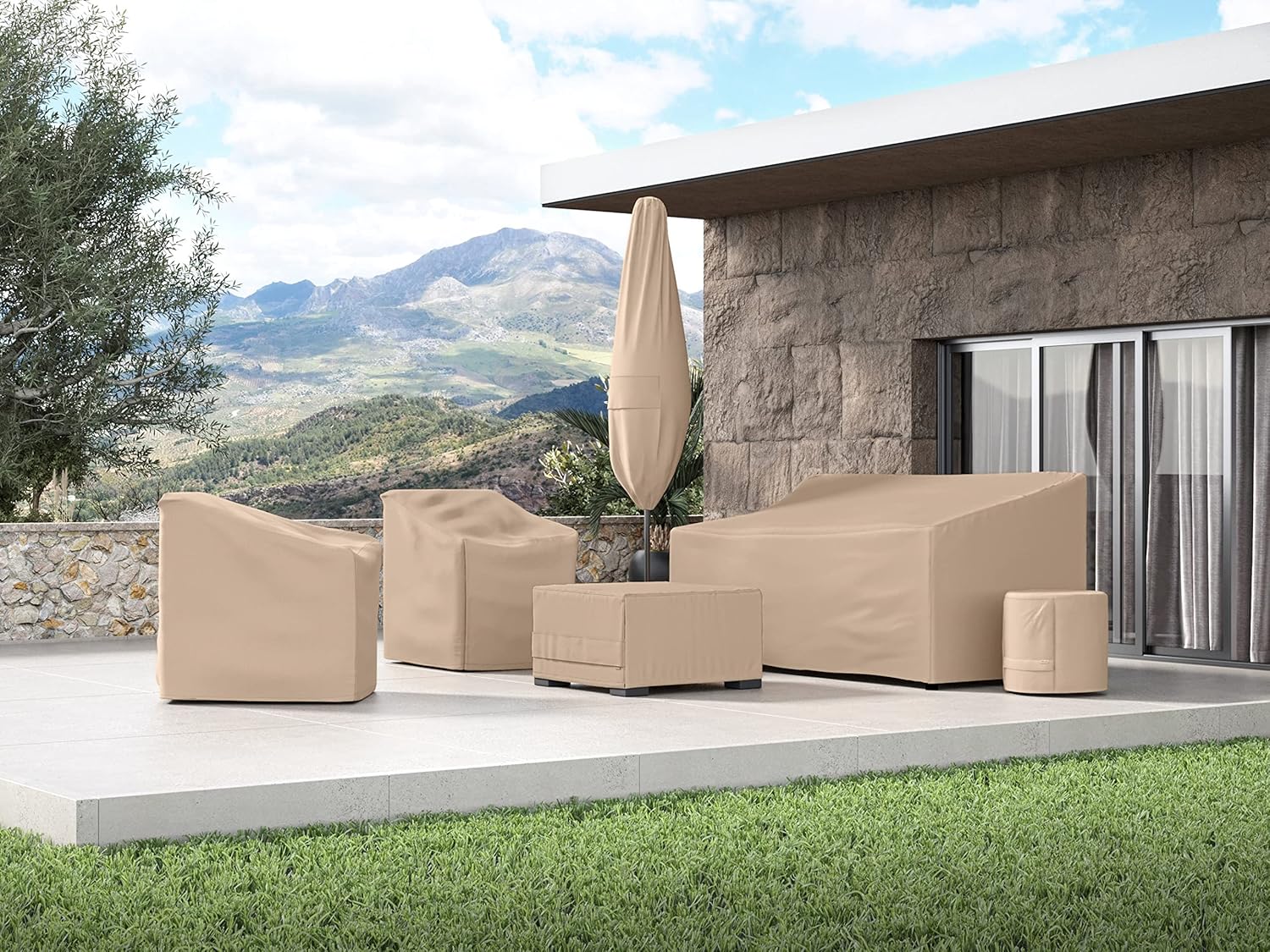 Covermates Ultima Round Fire Pit Cover – Waterproof Heavy-Duty Outdoor Protection with Ripstop Polyester, Mesh Air Vents & Secure Buckle Straps, Round 54DIAMETER x 25H, Ripstop Tan