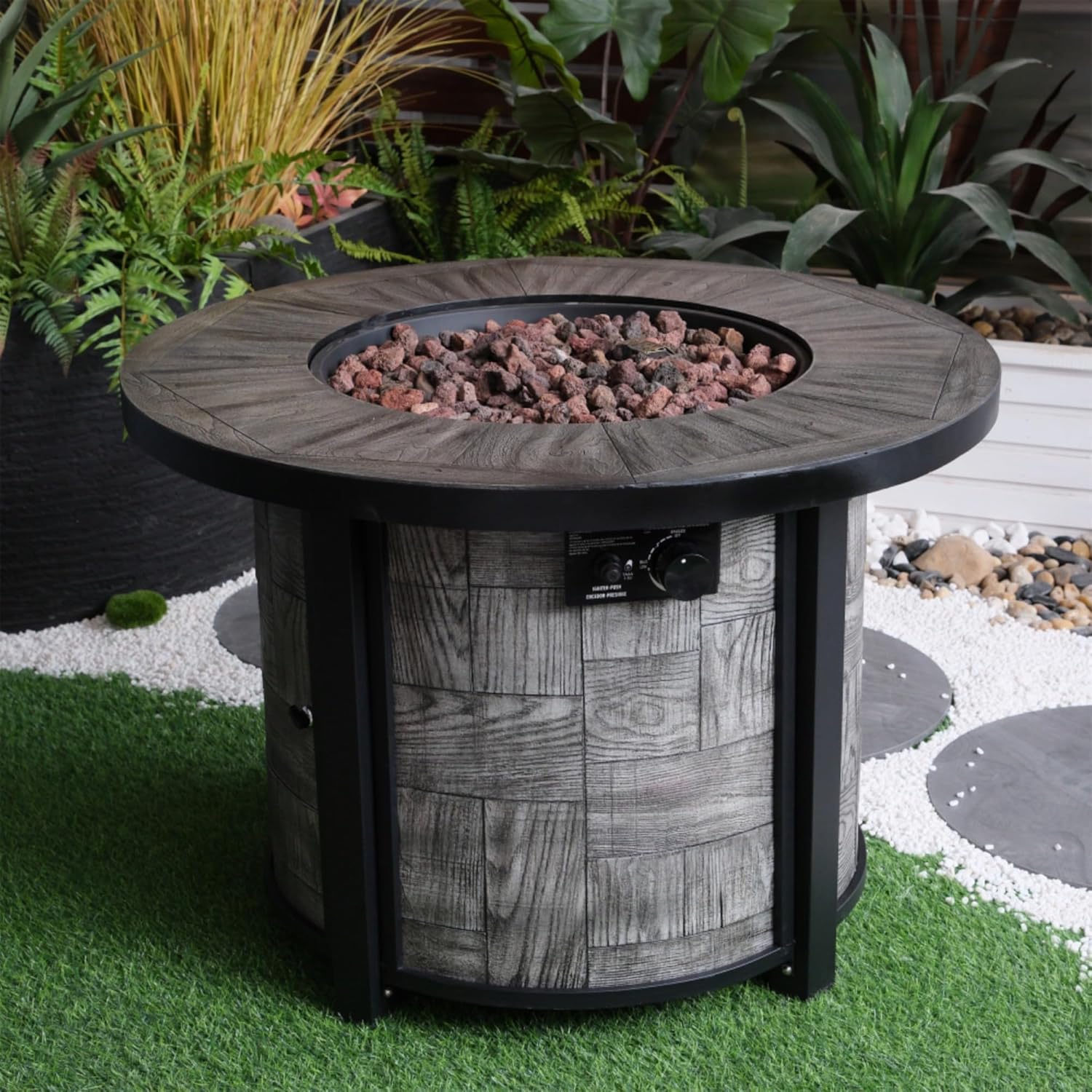 Outdoor Propane Fire Pit Table 50,000 BTU, 36-Inch Square Stonecrest Gas Fire Pit for Patio,Concrete Propane Fire Table with Lava Rocks,Waterproof Cover, Acacia Wood Look,Magnesium Oxide Construction