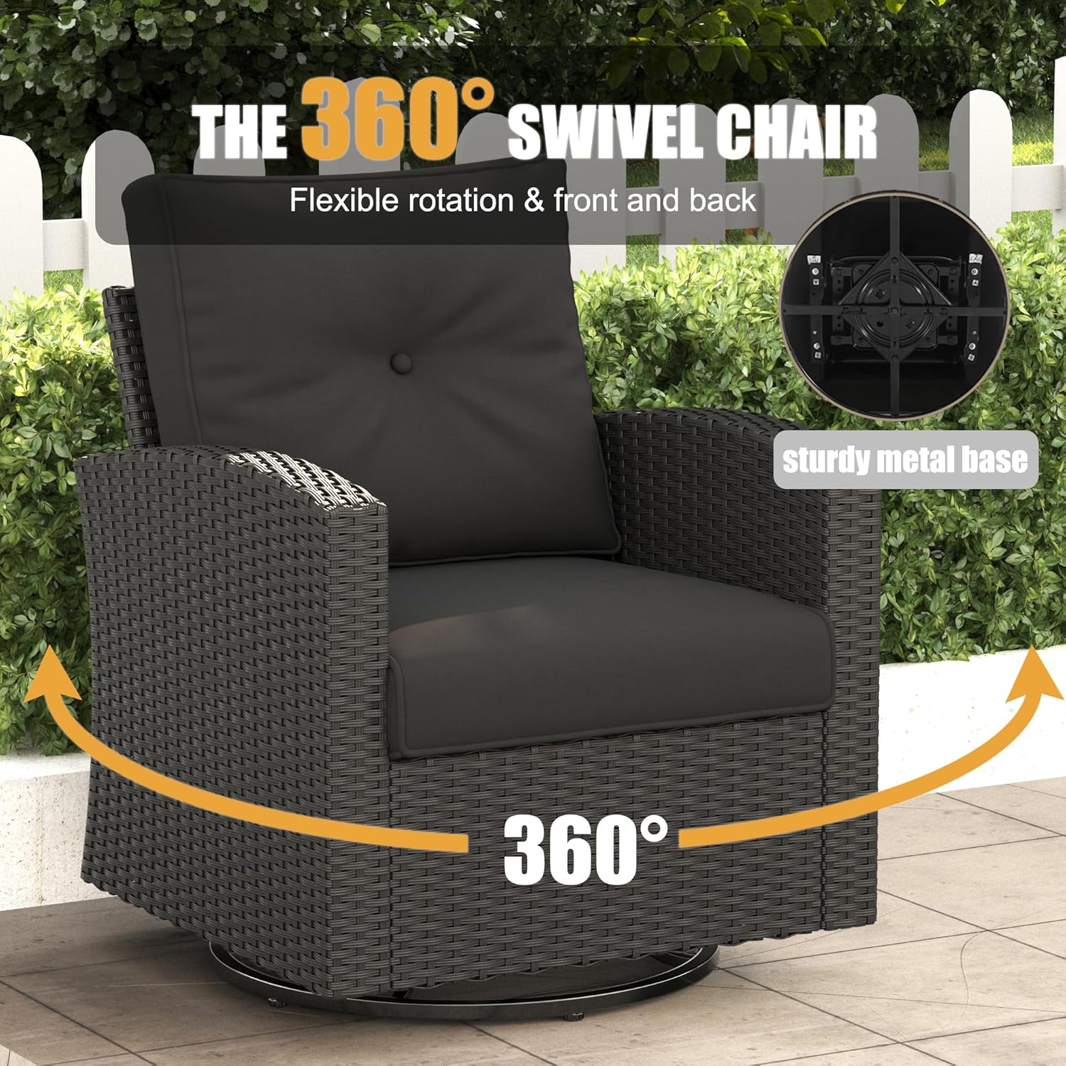 LayinSun 15 Pieces Patio Furniture Set with Fire Pit Table, Black Rattan Modular Sectional Outdoor Conversation Sofa Set, Swivel Rocking Chairs Set