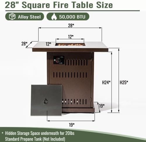Propane Gas Fire Pit Table, 50000 BTU Square Steel Fire Pit for Outside Patio Deck Garden Courtyard-Brown 28