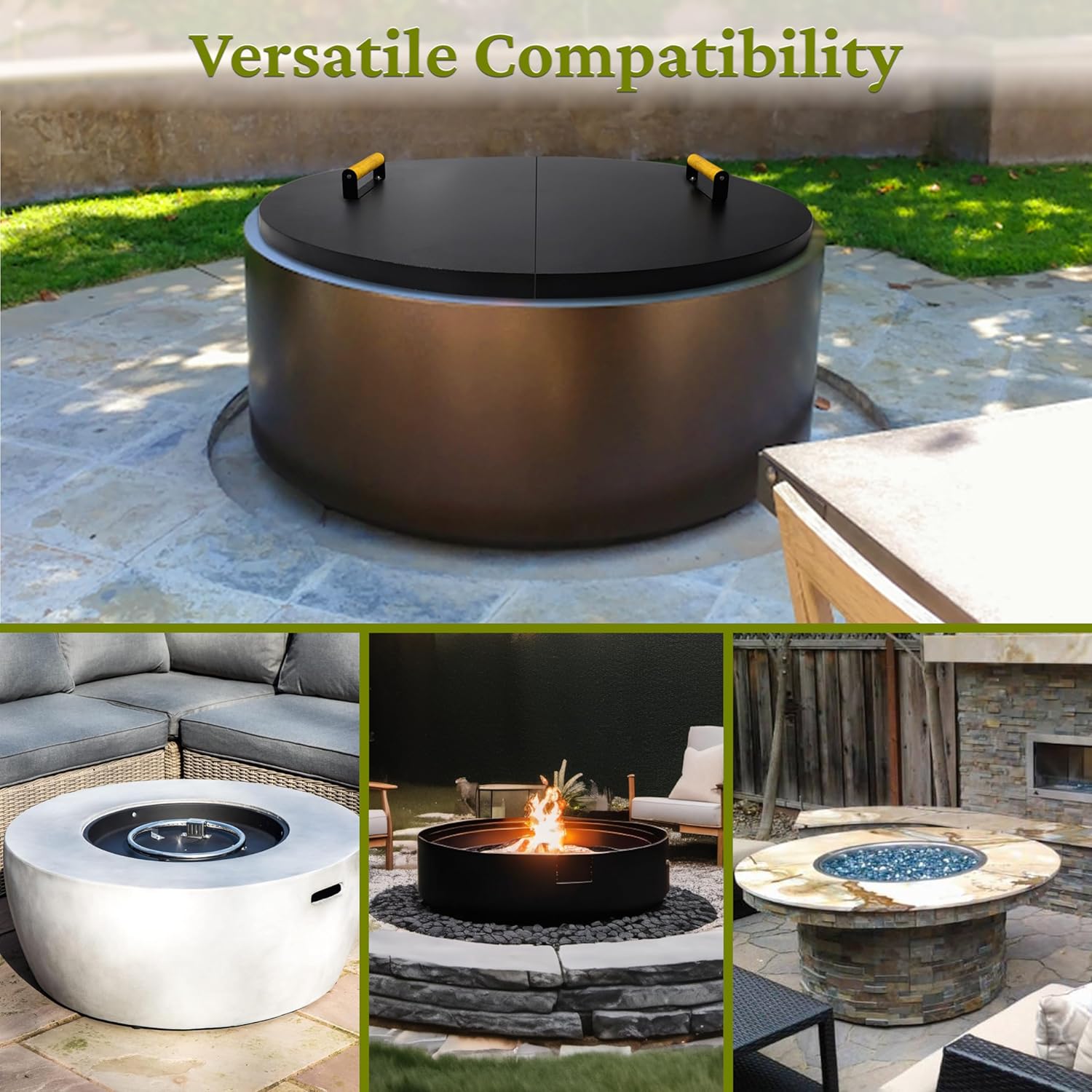 42” Round Fire Pit Lid – Heat Resistant Fire Pit Cover Lid Round for Outdoor Fireplace -16 Gauge Steel Flat Fire Pit Burner Pan Cover with Dual Wooden Handles Snuffer Lid for Patio Fire Pit Ring