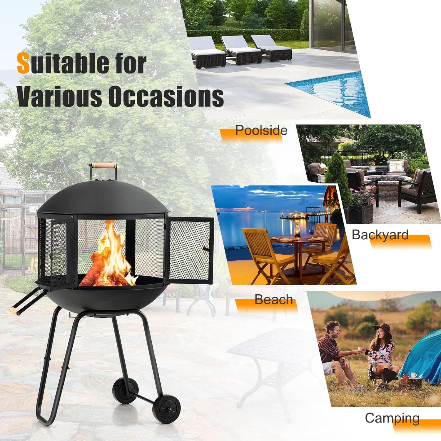 HAPPYGRILL 28” Outdoor Fire Pit, Rolling Patio Wood Burning Firepit with Lockable Doors, Fire Poker, Pine Wood Handle & Wheels, Heavy Duty Fire Pit for BBQ Entertaining Camping