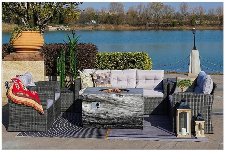 Direct Wicker Gray Aluminum 7-Person Outdoor Seating Group with Cushions and Firepit