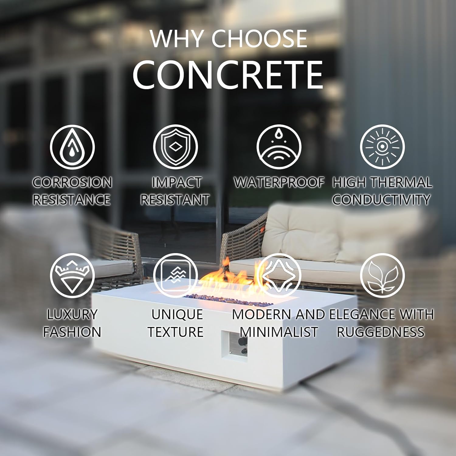 EXPLUX Outdoor Propane Gas Fire Pit Table 65,000 BTU 52-inch Concrete(GFRC) Rectangle Fire Pit for Outside Patio with 304 Stainless Steel Burner,Wind Guard,Crystal Blue Fire Glass,Rain Cover,White