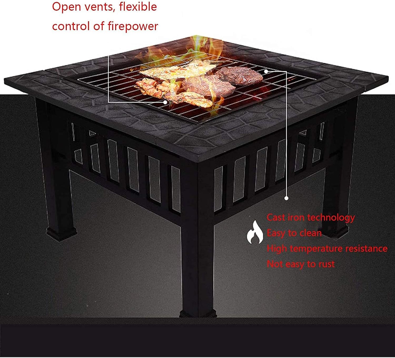 Outdoor Fire Pits,Metal Square Firepit Patio Stove BBQ Grill Fire Pit Bowl with Spark Screen Cover,Log Grate,Poker