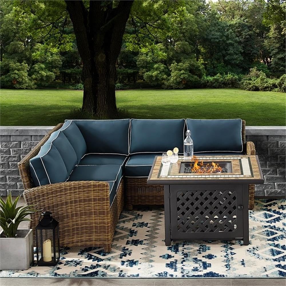 4-Piece Wicker/Rattan Fire Pit Sectional Set in Navy/Brown