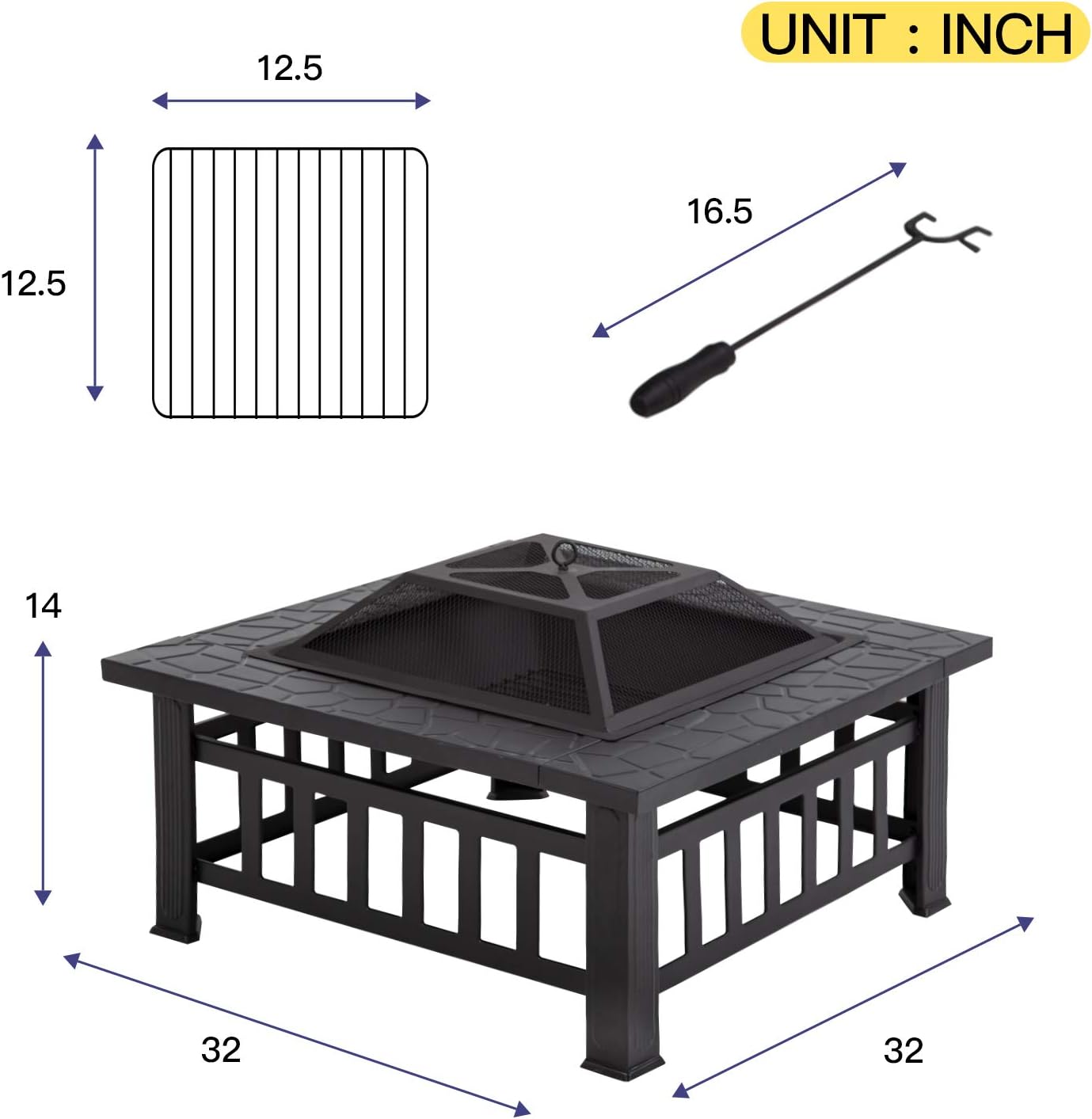 Outdoor Fire Pit 32 inch Square Metal Firepit for Patio Wood Burning Fireplace Garden Stove with Poker & Mesh Cover,Charcoal Rack for Camping Picnic Bonfire Backyard