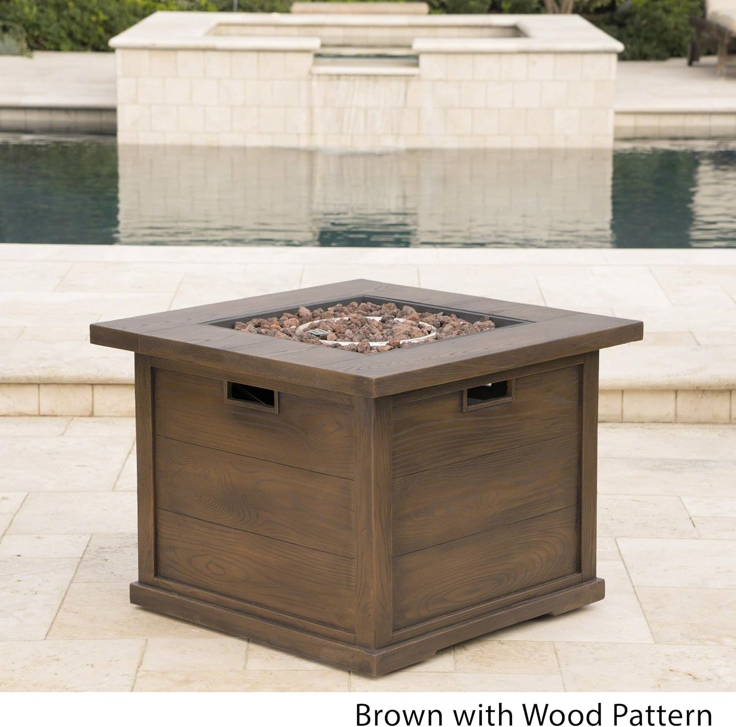 Christopher Knight Home Ellington Outdoor Square Gas Fire Pit, Brown With Wood Pattern
