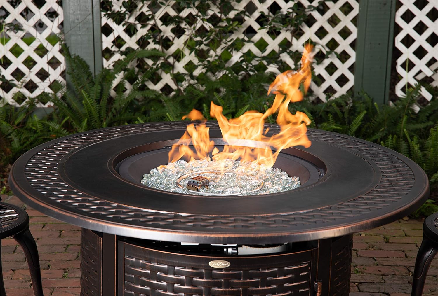 Bellante Woven Aluminum Convertible Gas Fire Pit Table 55,000 BTU Multi-Functional Outdoor with Fire Bowl Lid, Nylon Weather Cover & Clear Fire Glass - Bronze Finish - Round - 44