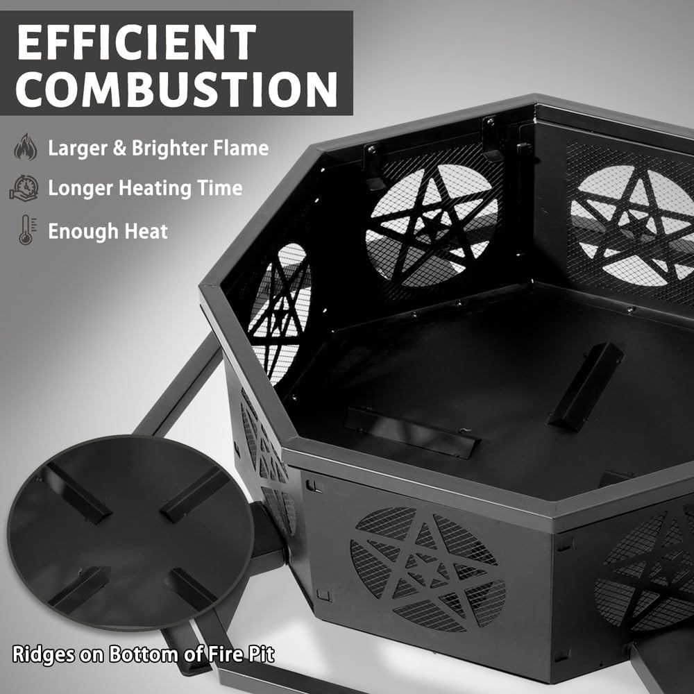 43 inch Fire Pit, Outdoor Octagonal Firepit, Heavy Duty Wood Burning Fire Pits with Star Ventilation Mesh, Outdoor Heating and Grilling, for Bonfire, Backyard, Camping, Patio, Picnic (Black, 43in)
