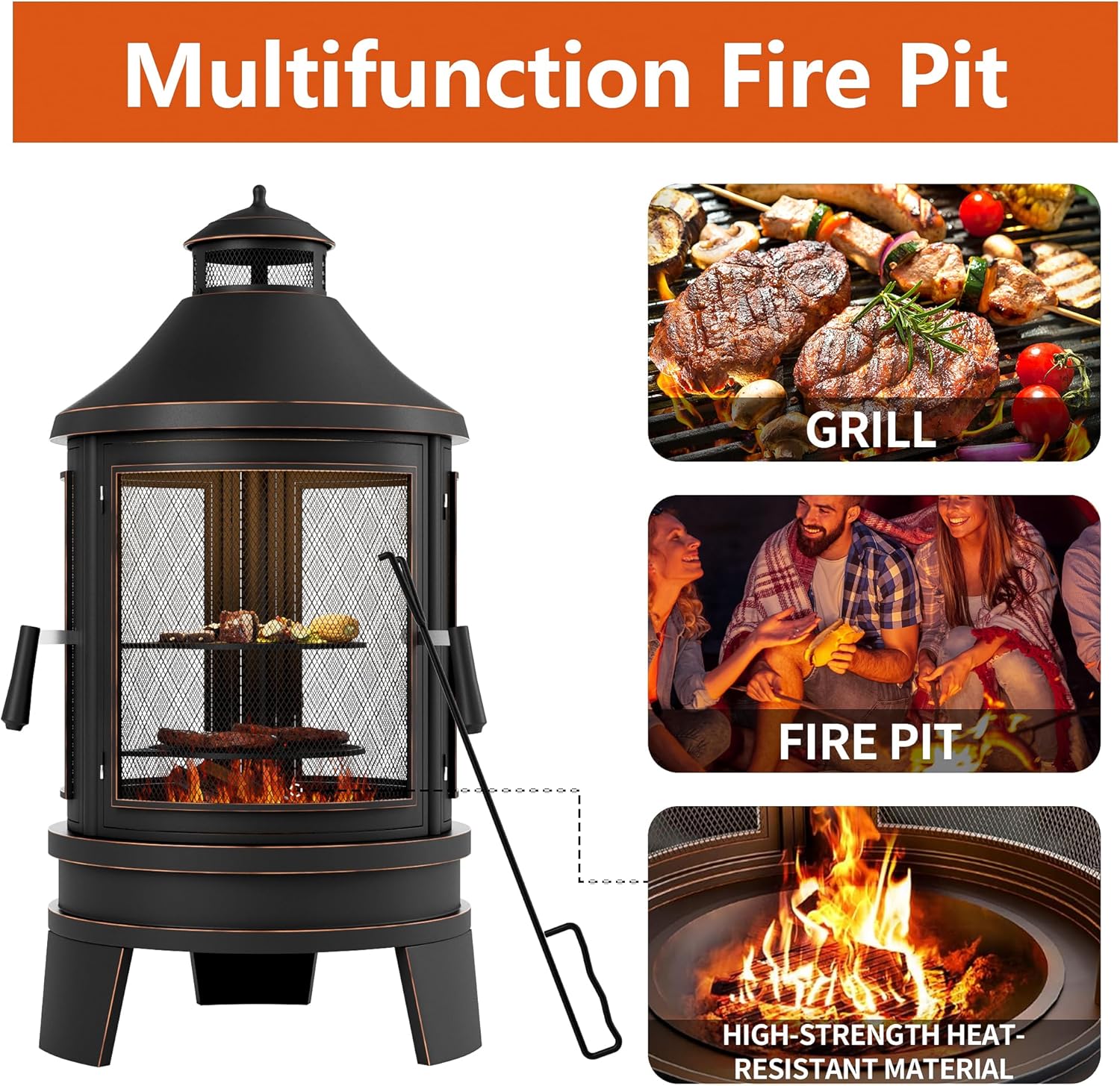 Outdoor Wood Burning Chiminea Fire Pit,24 Inch Metal Fireplace with Adjustable Grill Tray, Spark Screen Door & Fire Poker,Chiminea Firepit for Patio, Garden, Backyard,Black