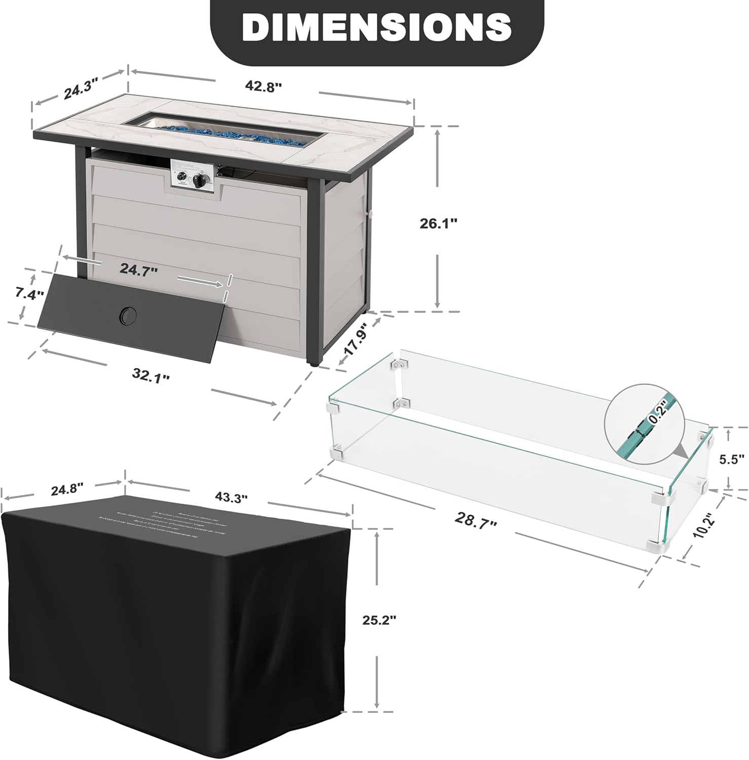 Nuu Garden 43'' Patio Propane Fire Pit Table, 50,000 BTU Gas Fire Pit with Marble-Textured Glass Top, Wind Guard, Lid, Glass Beads, CSA-Certified, 2-in-1 Outdoor Table for Gatherings, Ivory White