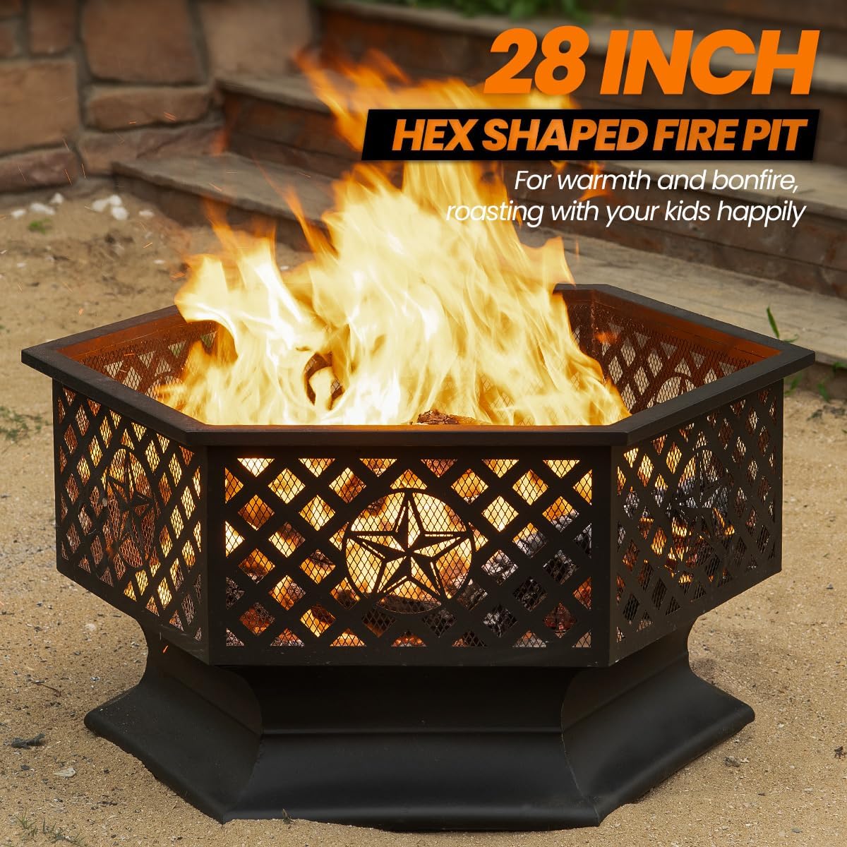 28 Inch Hex-Shaped Fire Pit,Wood Burning Fire Pits for Outside with Spark Screen&Poker,Metal Hexagon Outdoor Firepit for Backyard,Bonfire,Patio,Party,Garden,Picnic and Camping(28'' Black)